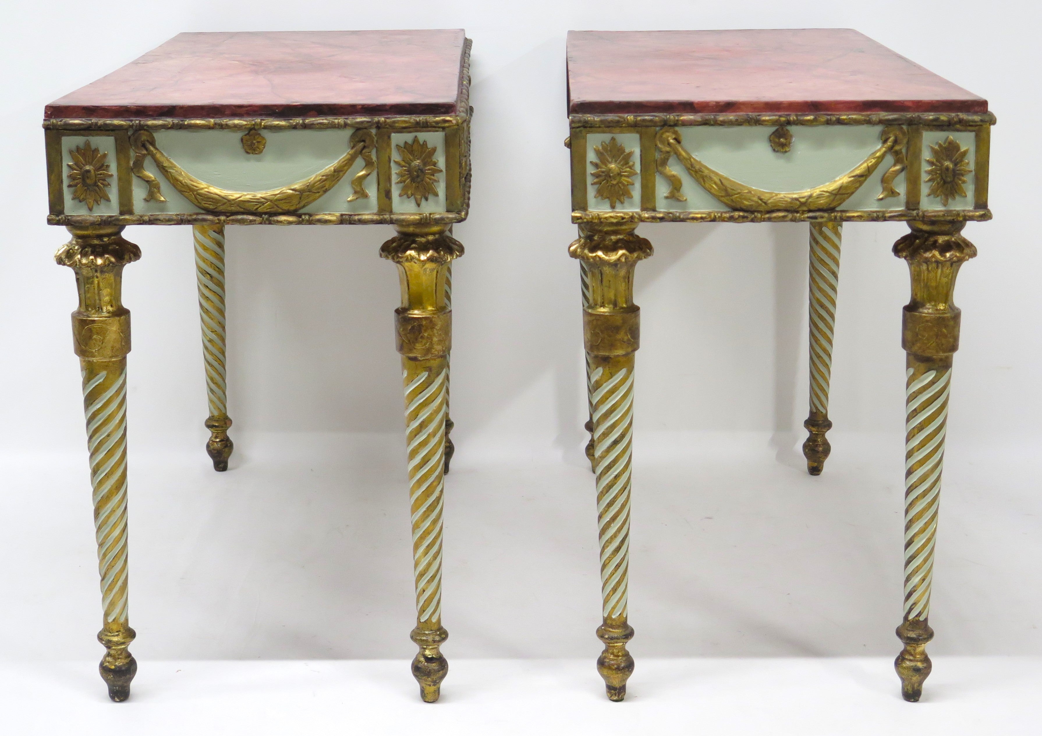 Neoclassic Style Painted Console Tables with Faux Marble Tops