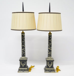 Pair of Black and White Painted Wooden Column Table Lamps