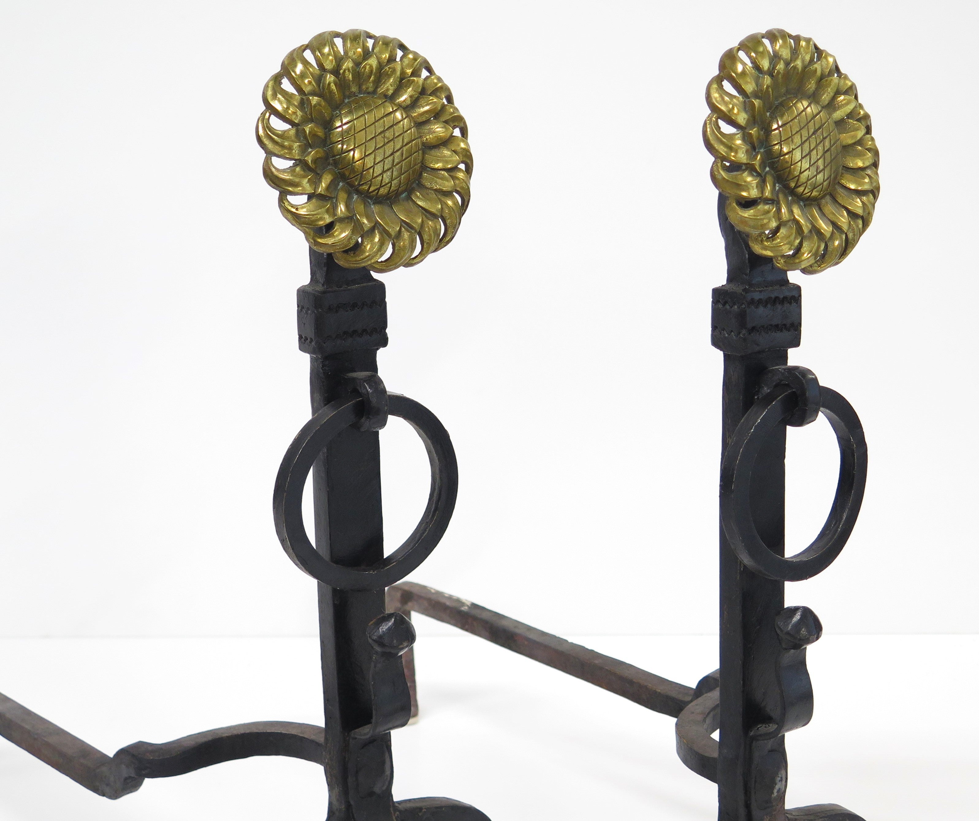 English Turn of the Century Brass and Iron Sunflower Andirons
