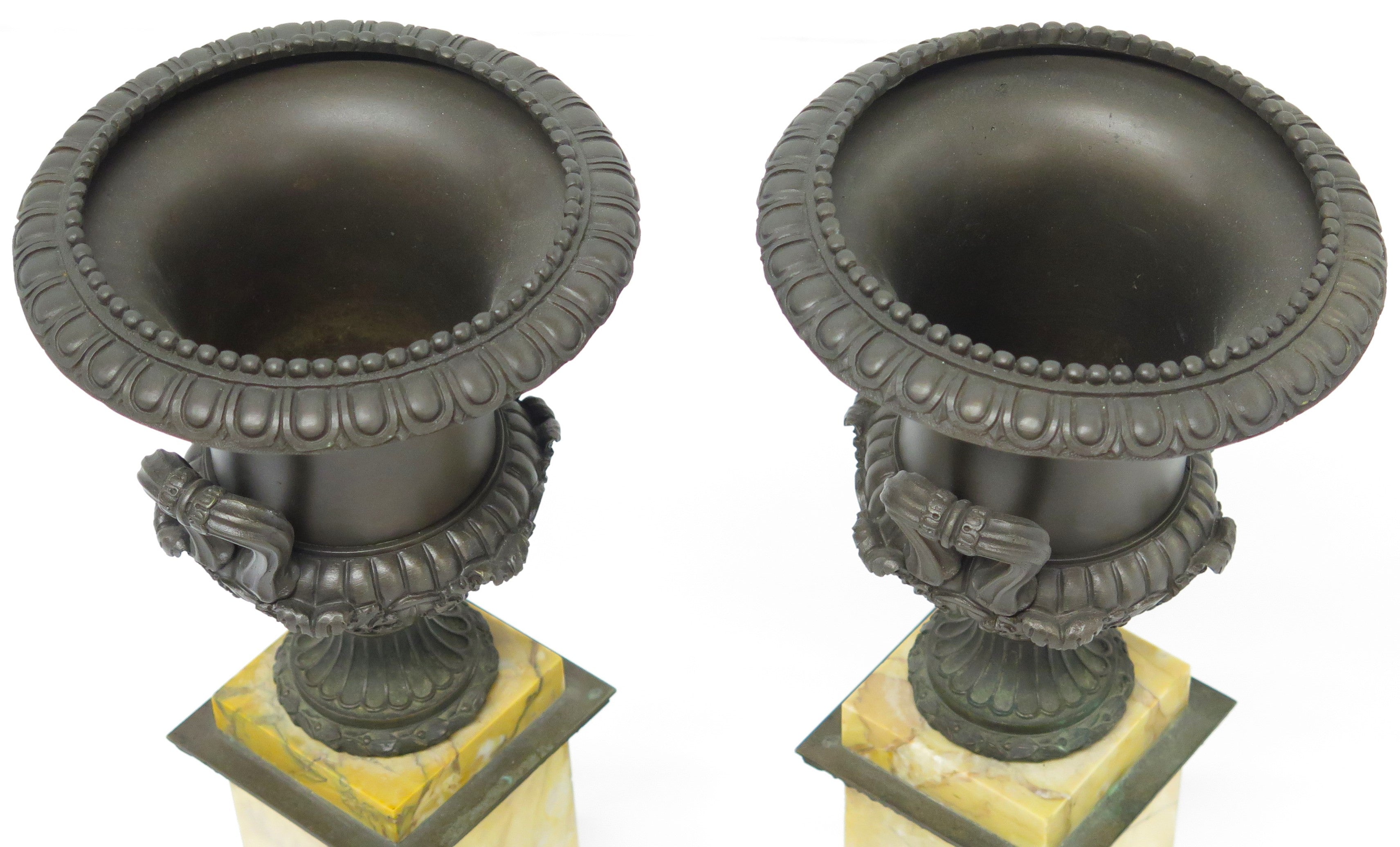 A Pair of French Restoration Patinated Bronze and Siena Marble Vases