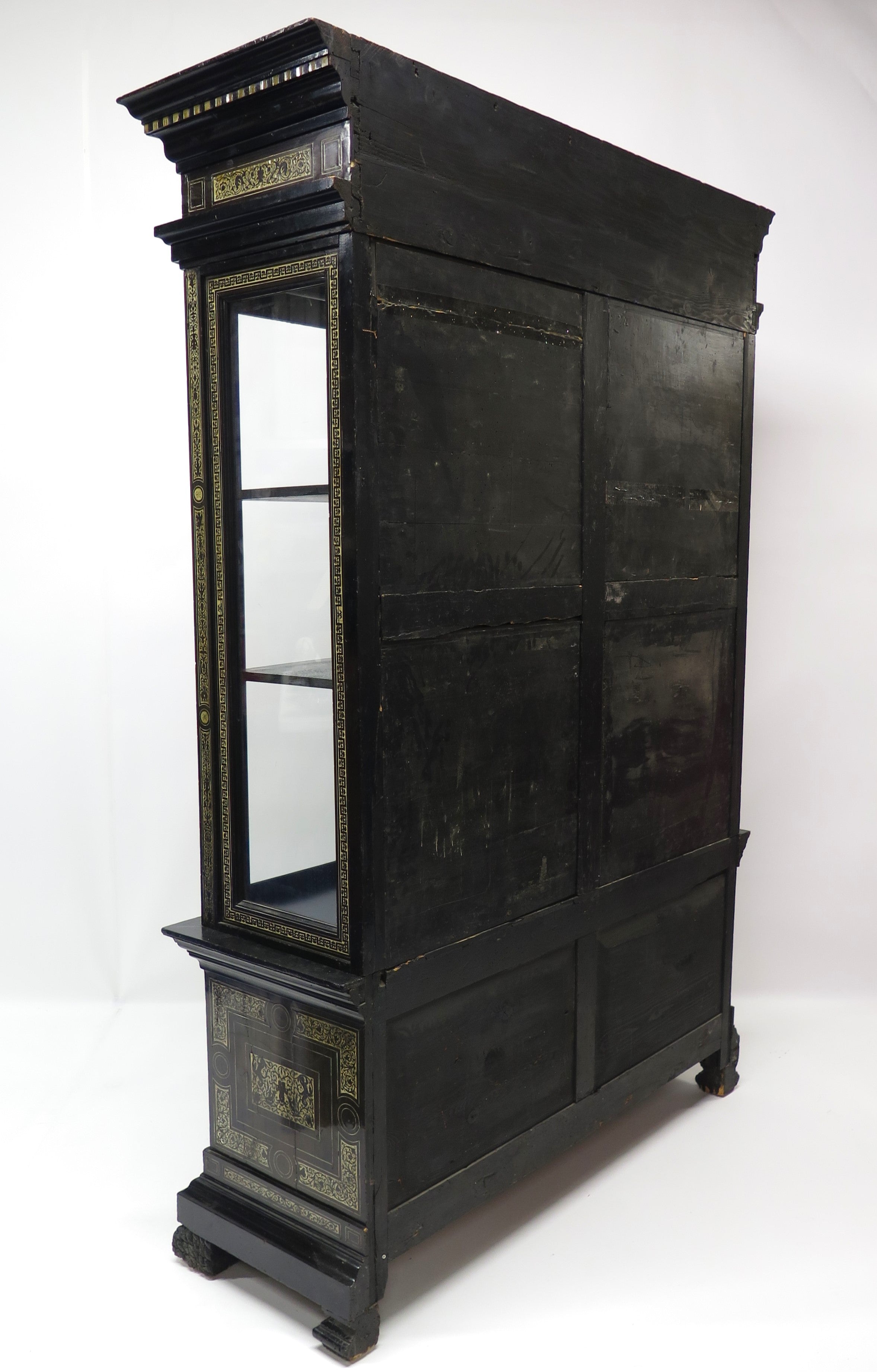North Italian Ebonized Marquetry Inlaid Vitrine Cabinet Illuminated