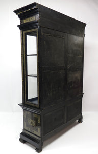 North Italian Ebonized Marquetry Inlaid Vitrine Cabinet Illuminated