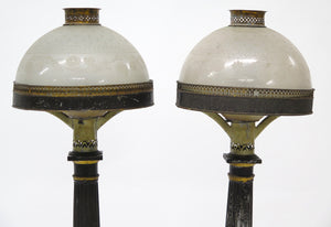 Pair of Tole Carcel "Sinumbra" Table Lamps with Etched Glass Shades