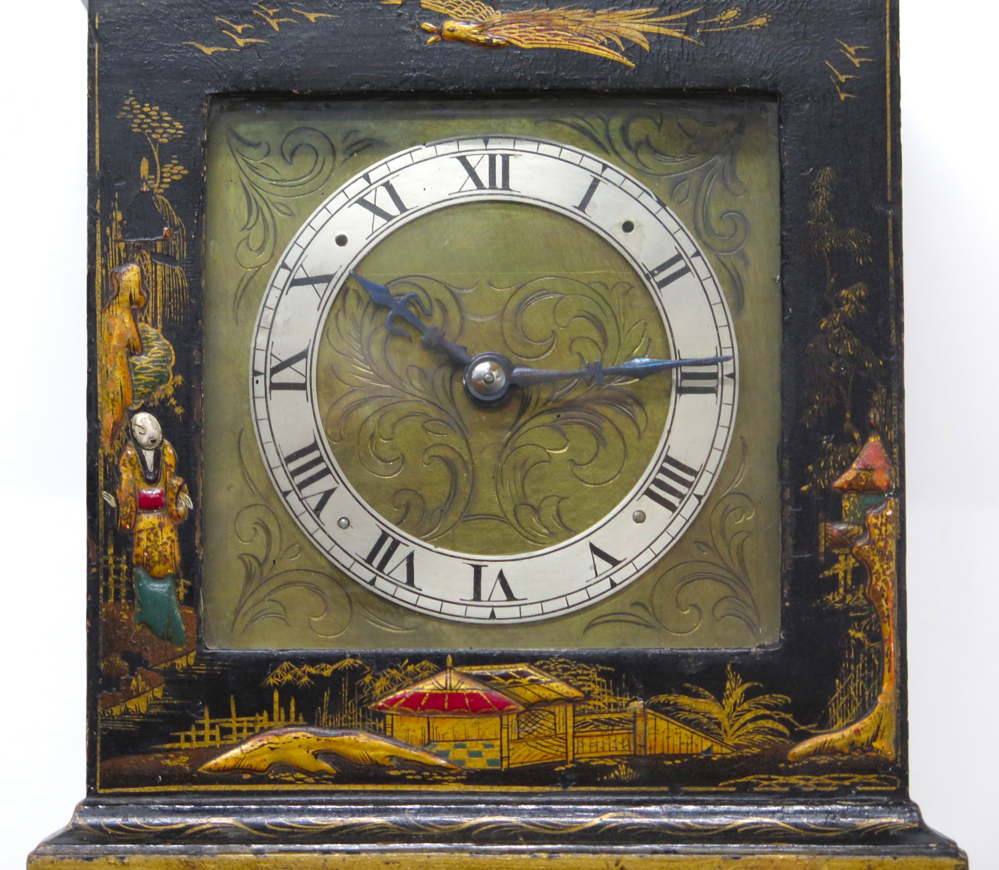 A Charming French Black Lacquer Chinoisorie Japanned Bracket Clock