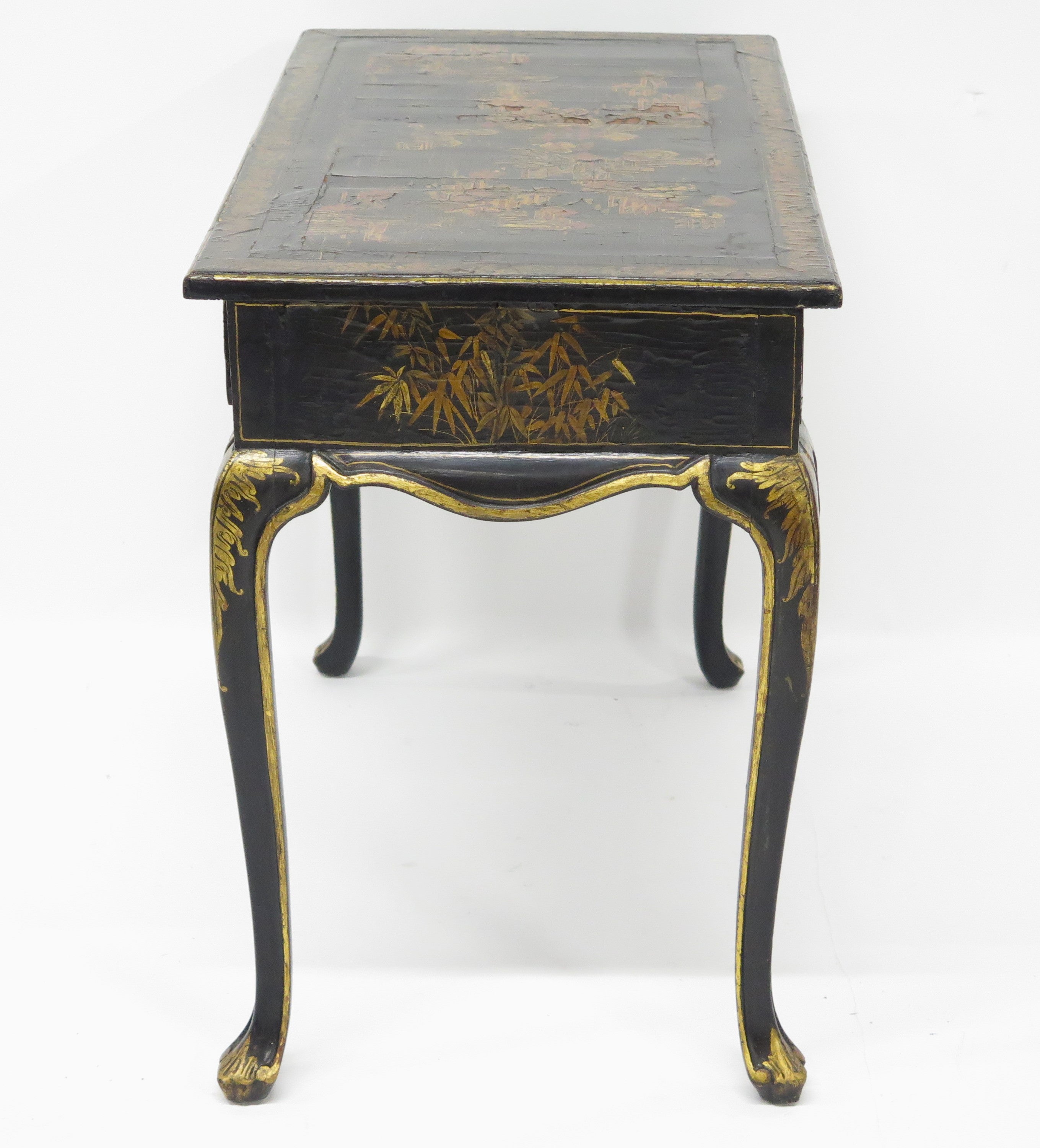 Chinese Export for The English Market Black Laquered Two Drawers Side Table