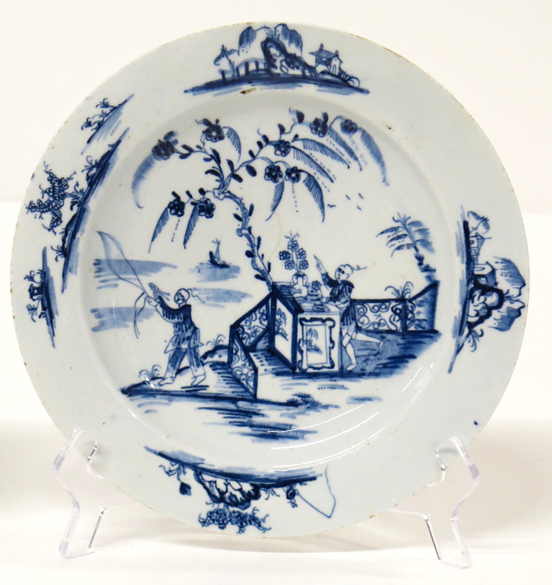 Pair of Blue and White Lowestoft Chinese-Style Plates, circa 1768-70