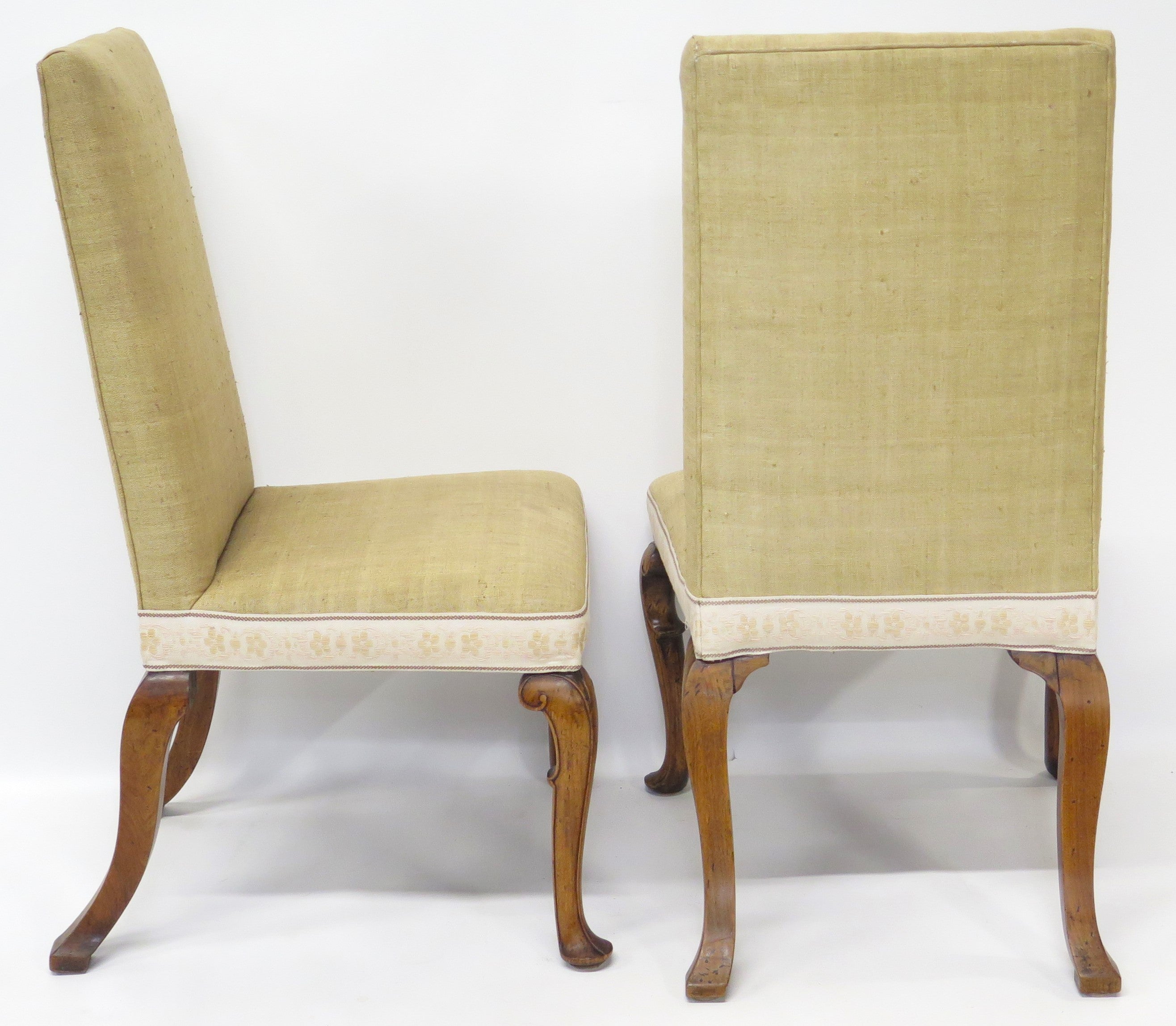 A Pair of Queen Anne Style Walnut Upholstered Backstools / Chairs