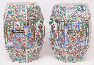 Pair of Antique Chinese Porcelain Faceted Barrel Shaped Garden Seats