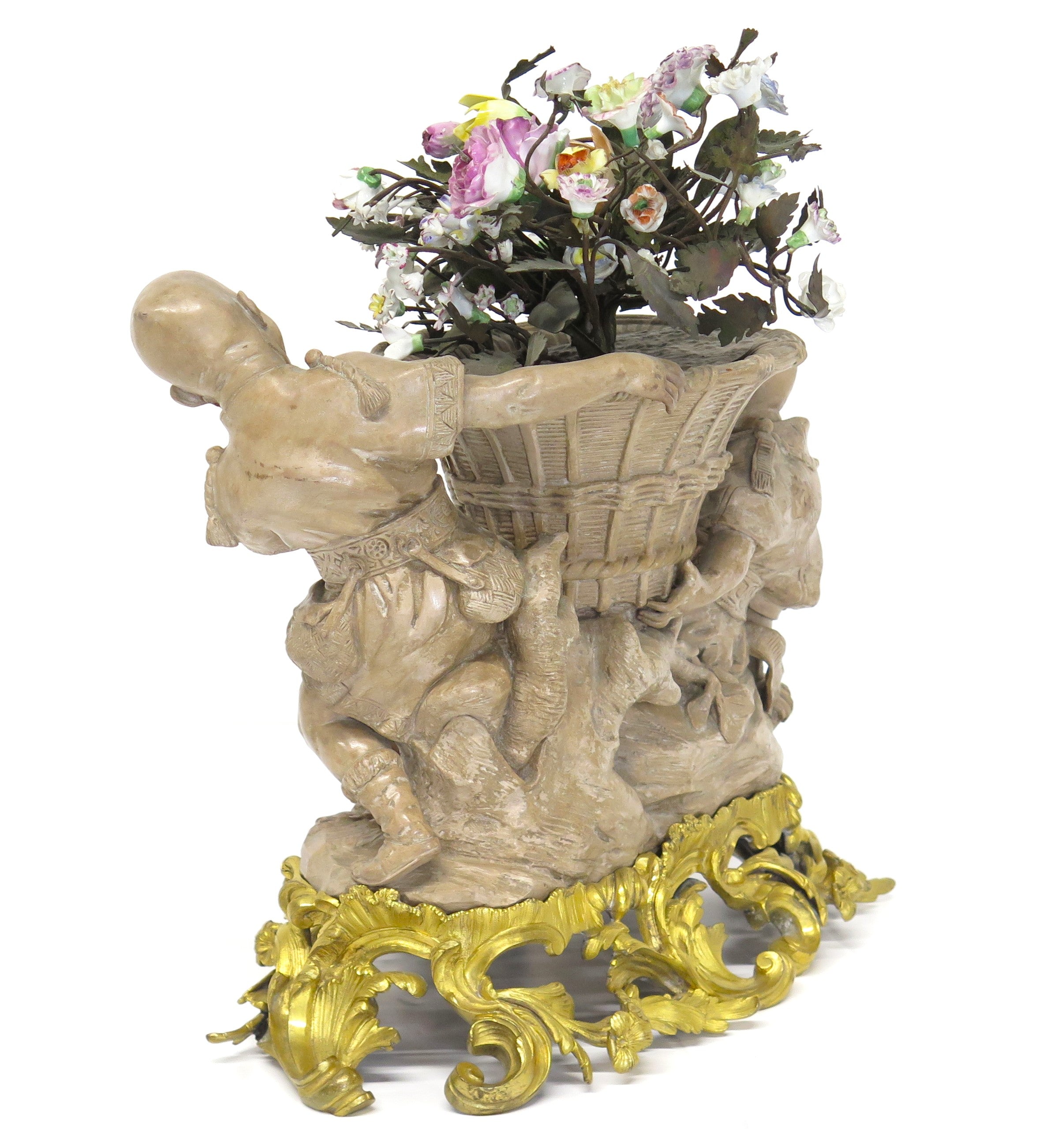 A Louis XV-Style Ormolu Mounted Terracotta Tôle Painted and Porcelain Centerpiece