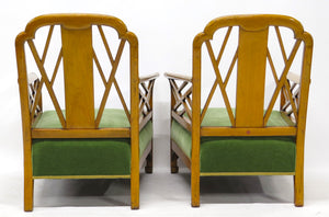 Pair of Satinwood Lounge Chairs in a Chinese-Chippendale-Style