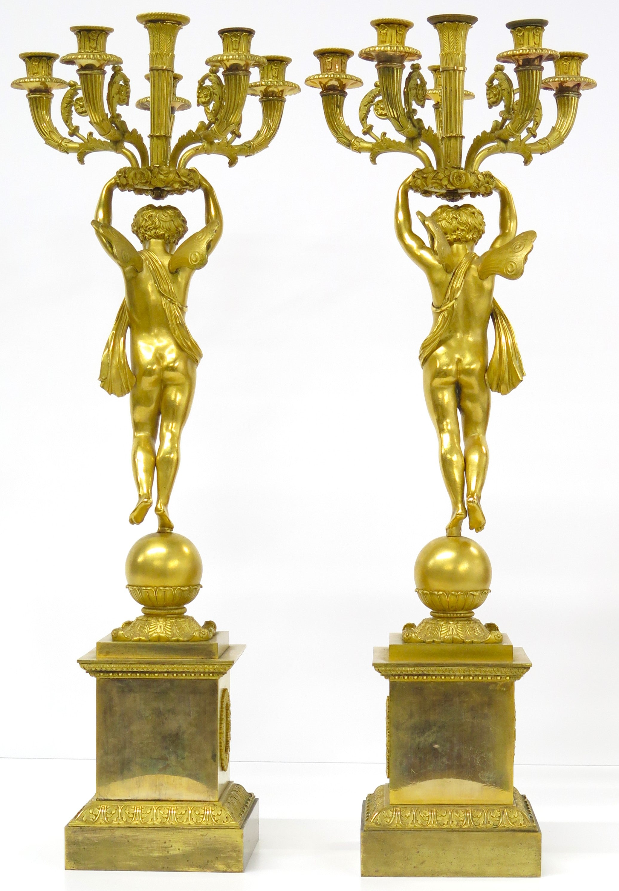 A Pair of French Empire Six Light Figural Candelabra
