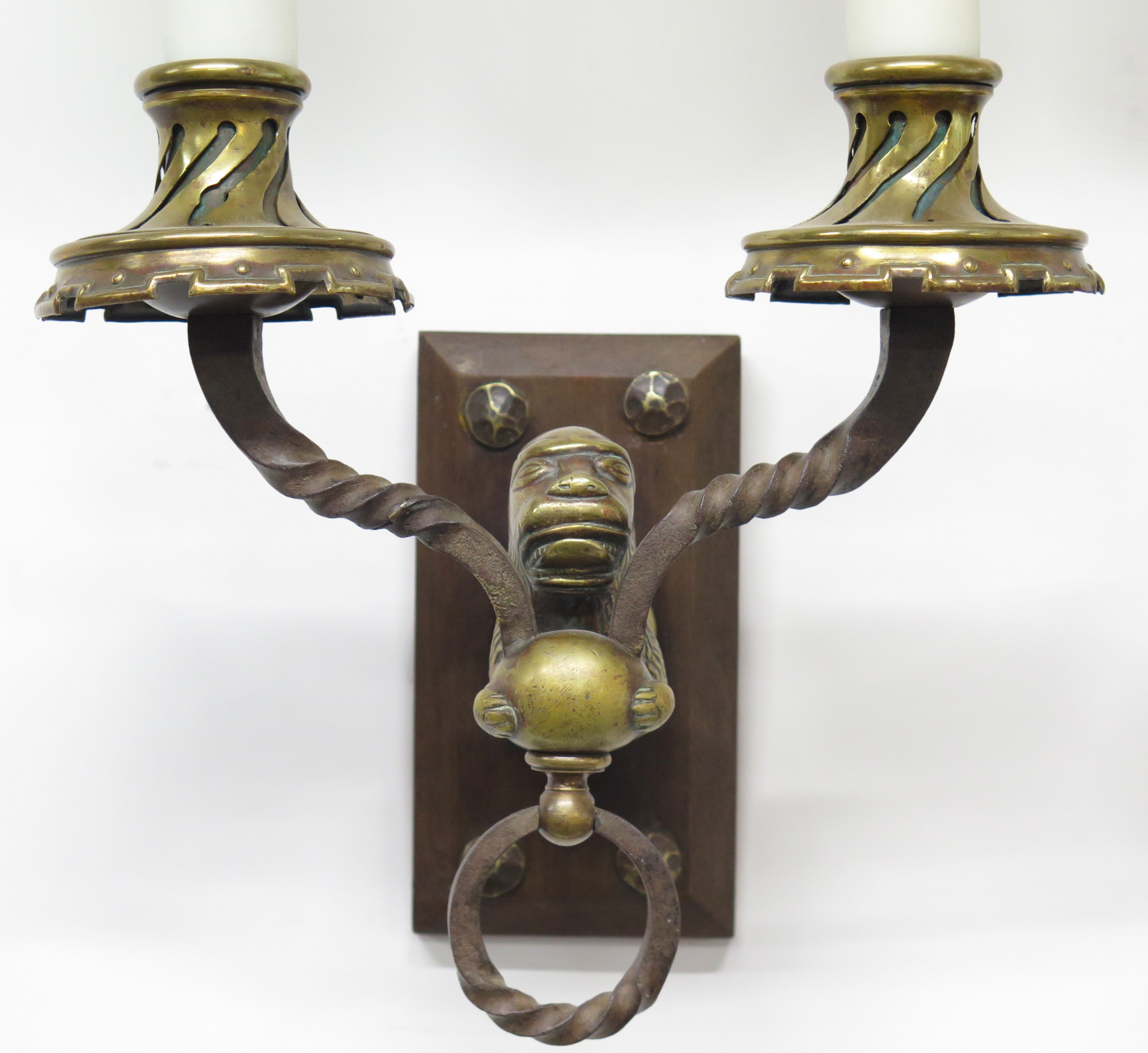 A Pair of Early 20th C. Hand Wrought Iron Two Light Sconces
