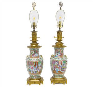 Pair of Chinese Rose Medallion Oil Lamps (Electrified)