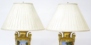 Pair of Gilt Bronze and "Old Paris" Porcelain Neoclassical Table Lamps