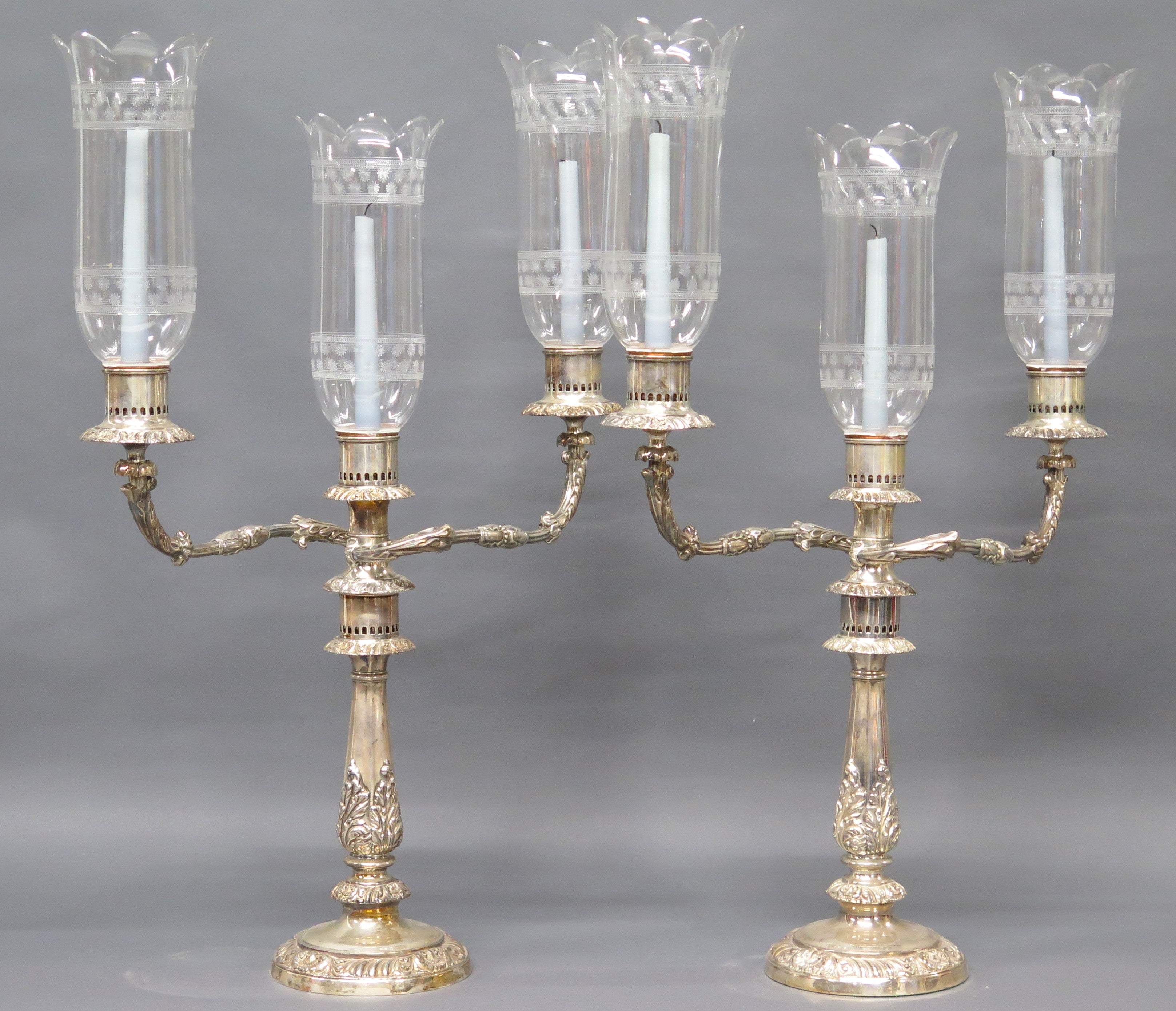 Sheffield Silver Candelabra with Etched Hurricane Shades