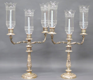 Sheffield Silver Candelabra with Etched Hurricane Shades