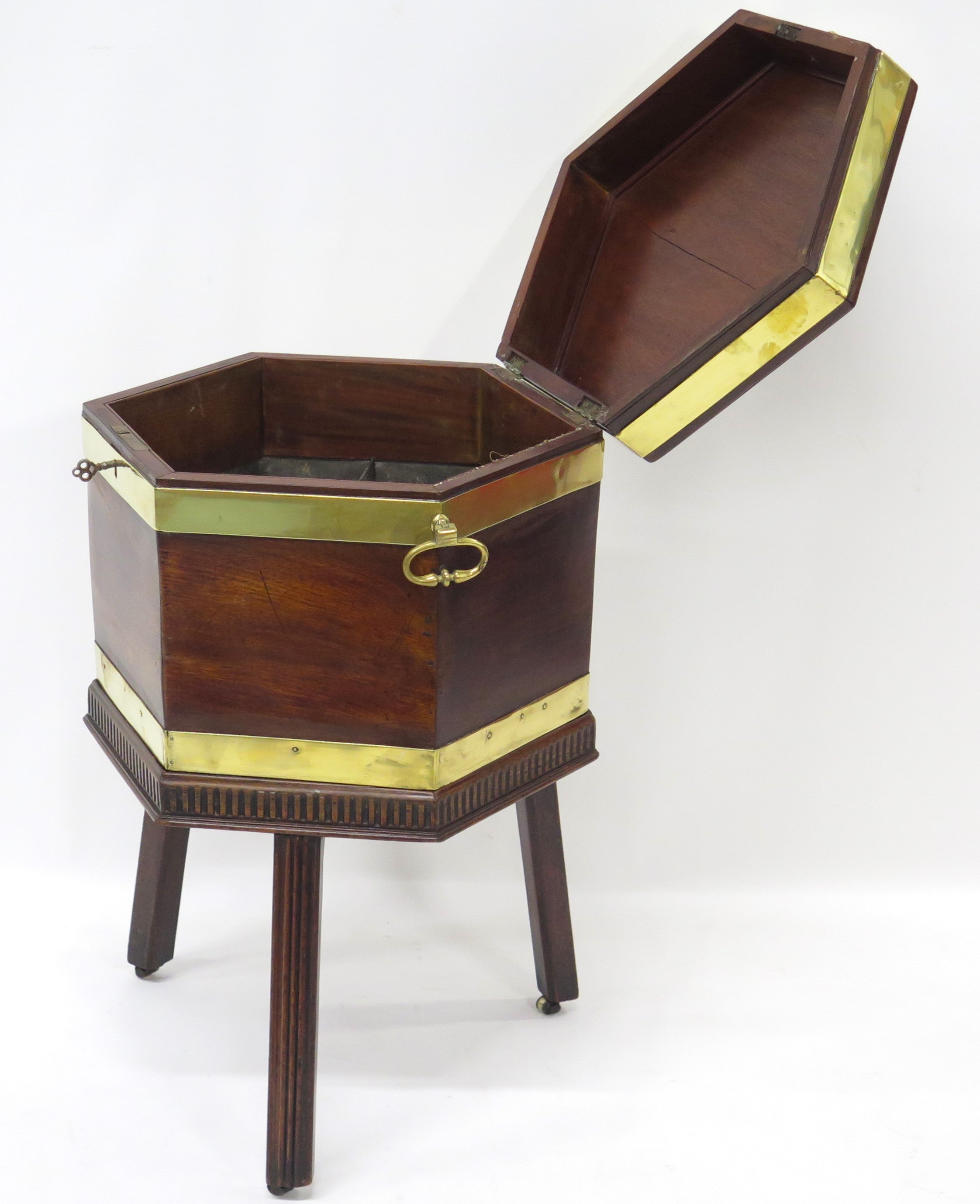 Georgian Mahogany Hexagonal Cellarette with Wide Brass Bands