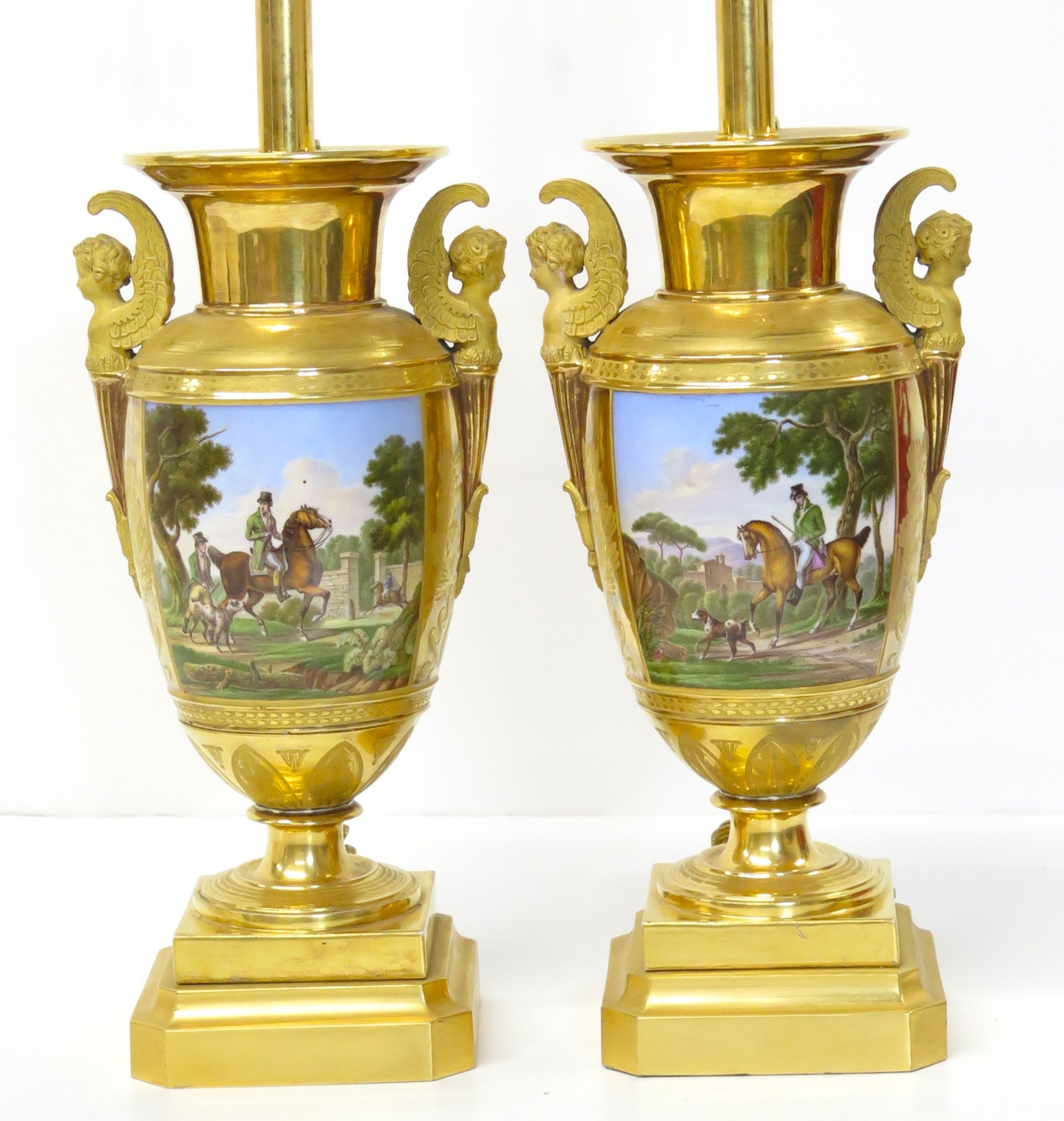 Pair of Gilt Bronze and "Old Paris" Porcelain Neoclassical Table Lamps