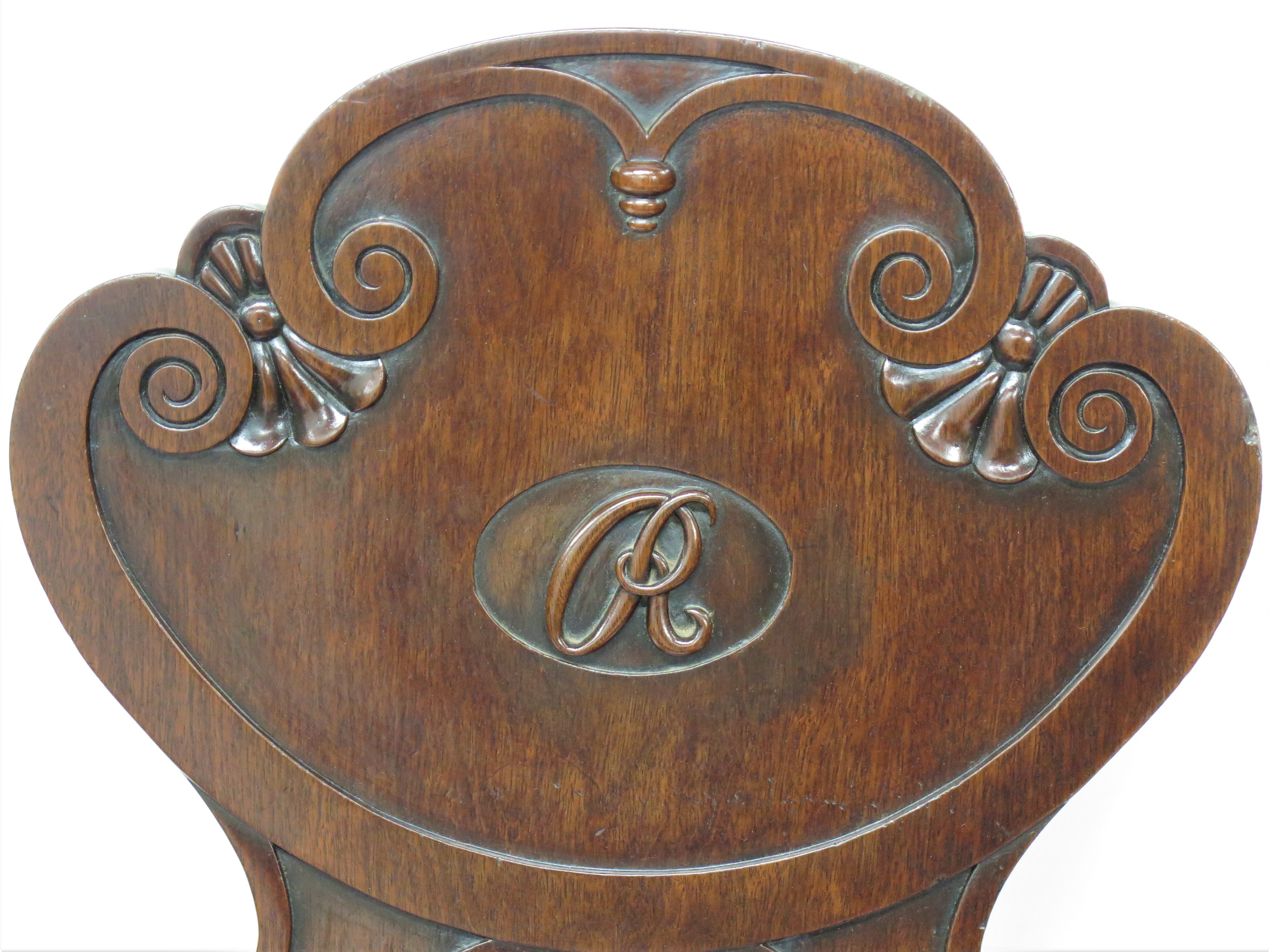 Pair of English Regency Monogrammed "R" Hall Chairs