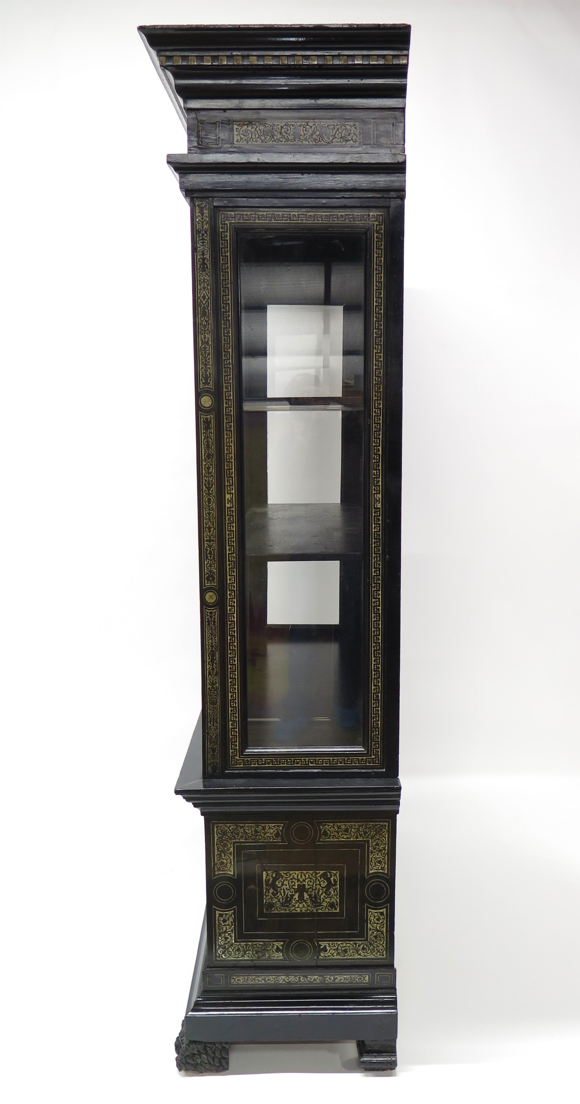 North Italian Ebonized Marquetry Inlaid Vitrine Cabinet Illuminated