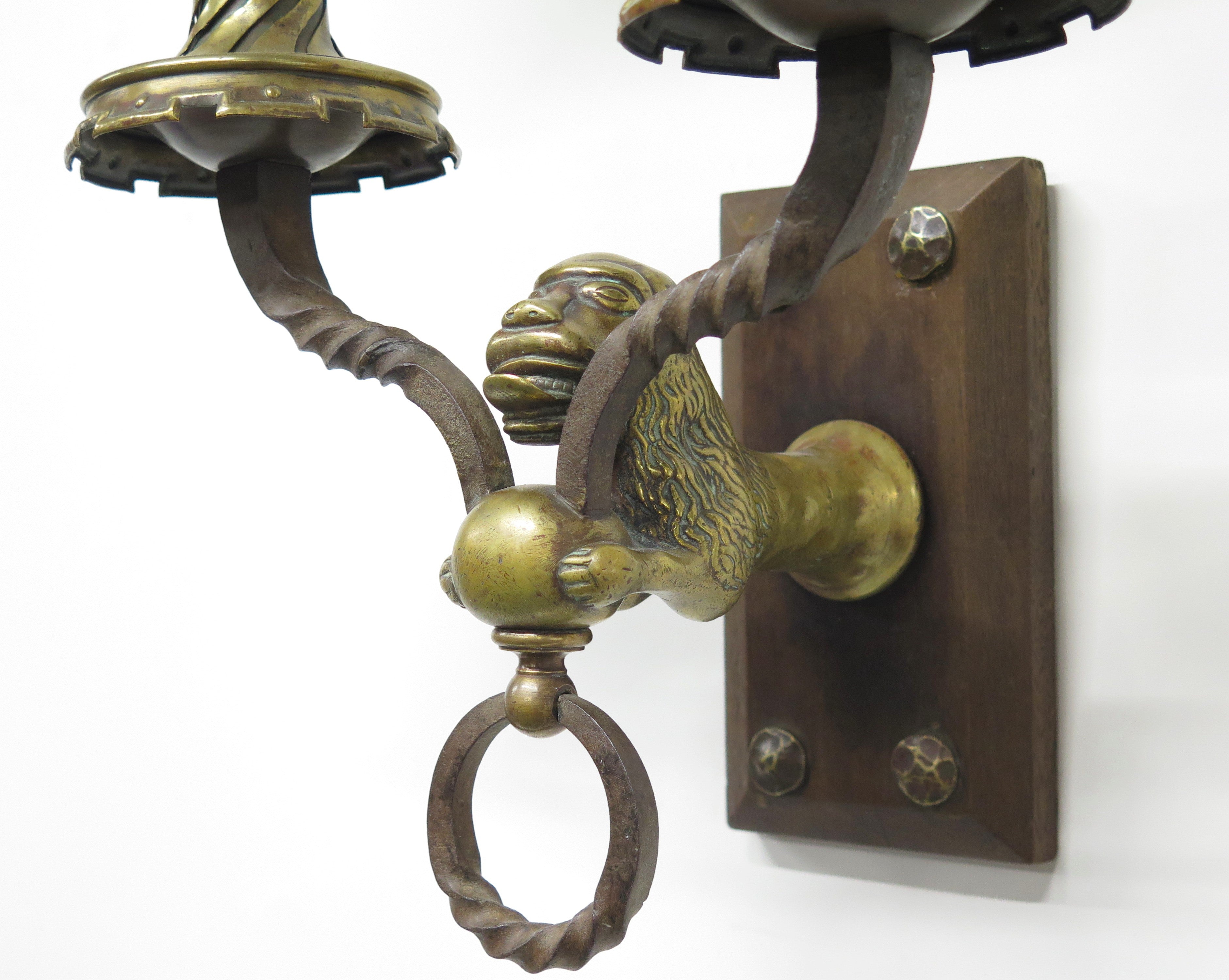 A Pair of Early 20th C. Hand Wrought Iron Two Light Sconces