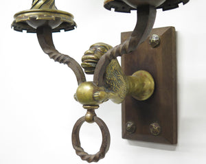 A Pair of Early 20th C. Hand Wrought Iron Two Light Sconces