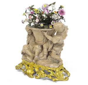 A Louis XV-Style Ormolu Mounted Terracotta Tôle Painted and Porcelain Centerpiece