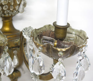 A Pair of Maison Jansen Three Light Bronze and Crystal Sconces