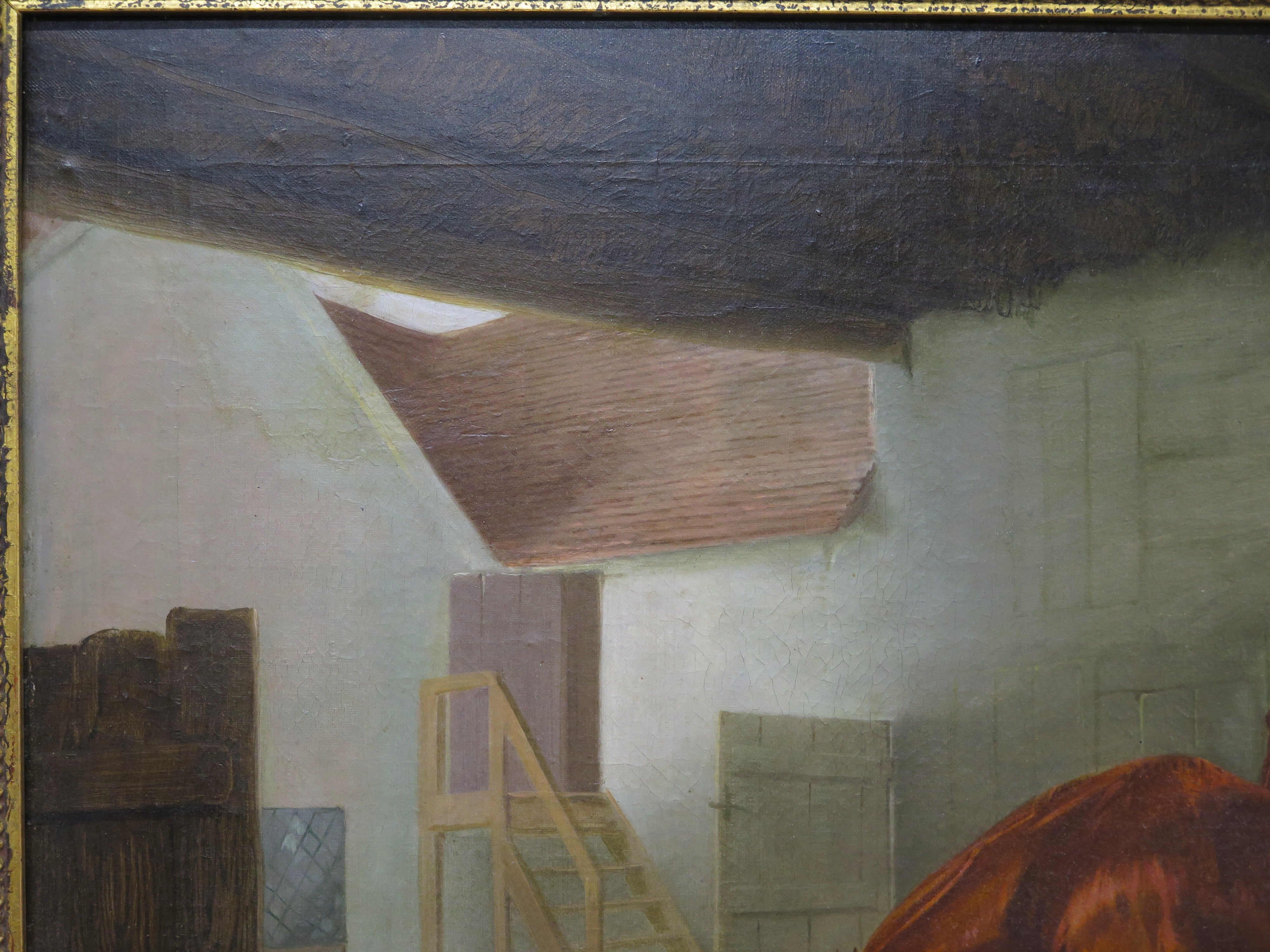 English School Oil on Canvas Depicting Horses and Dogs in a Stable