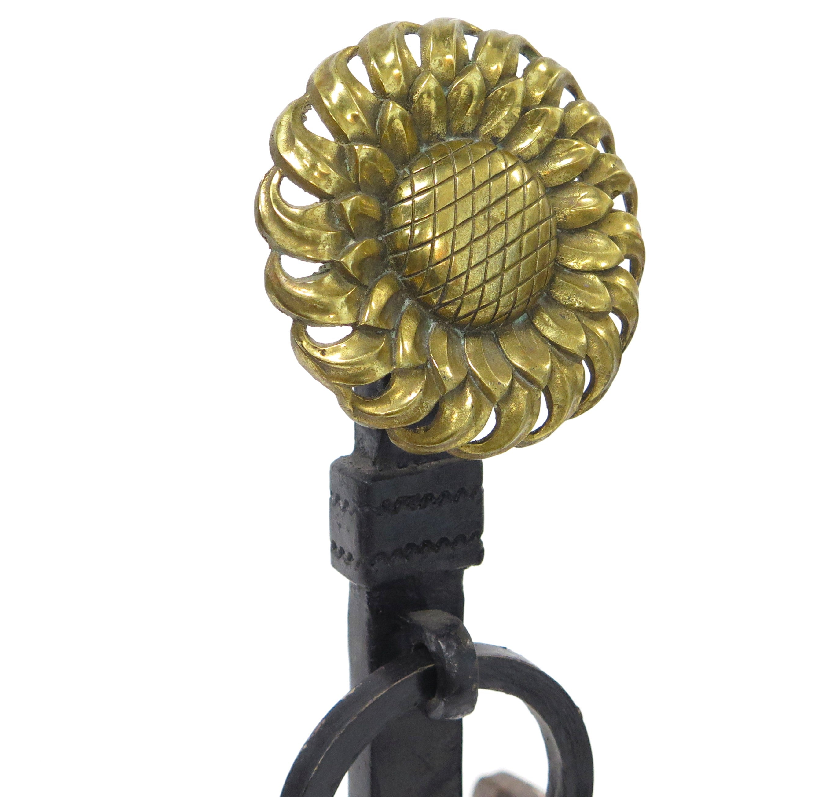 English Turn of the Century Brass and Iron Sunflower Andirons
