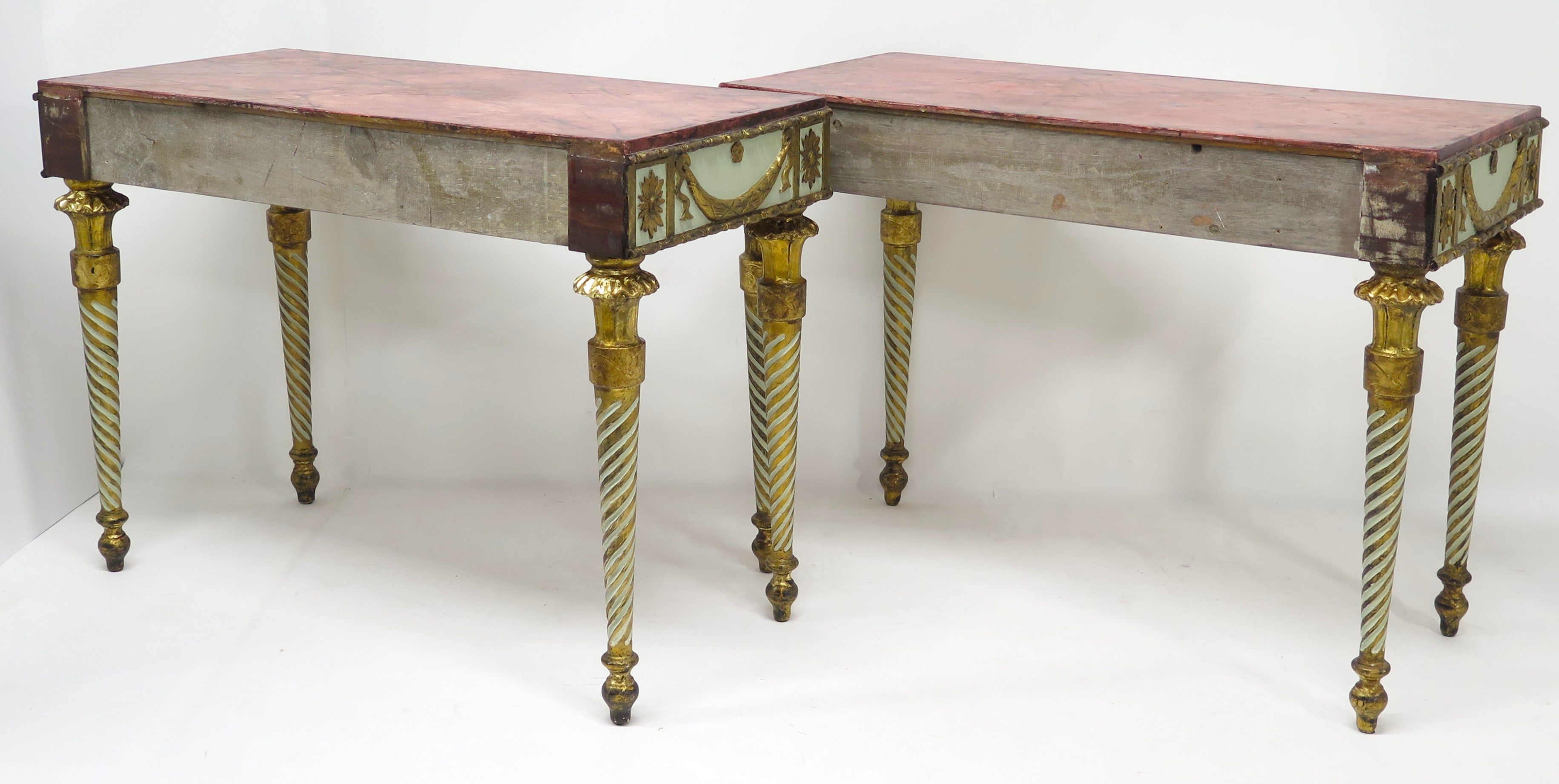 Neoclassic Style Painted Console Tables with Faux Marble Tops