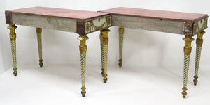Neoclassic Style Painted Console Tables with Faux Marble Tops