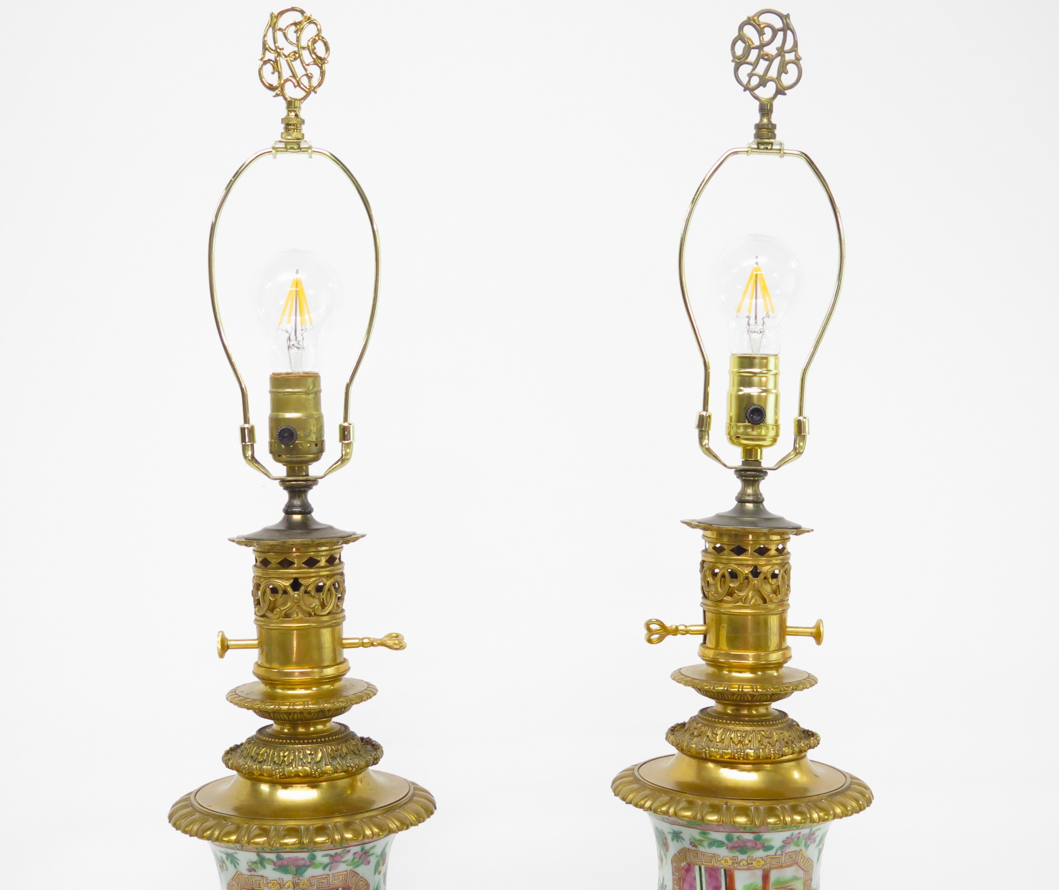 Pair of Chinese Rose Medallion Oil Lamps (Electrified)