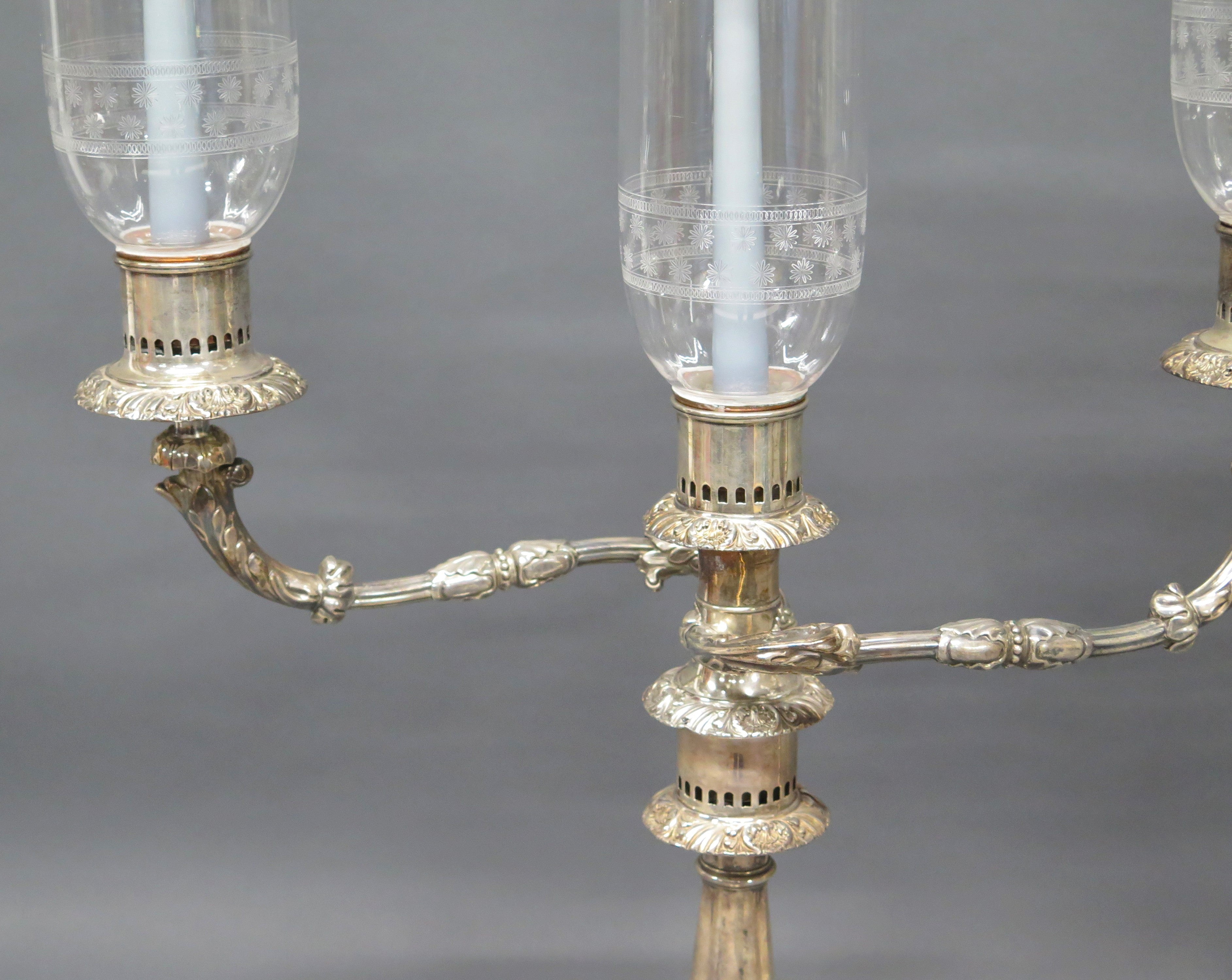 Sheffield Silver Candelabra with Etched Hurricane Shades