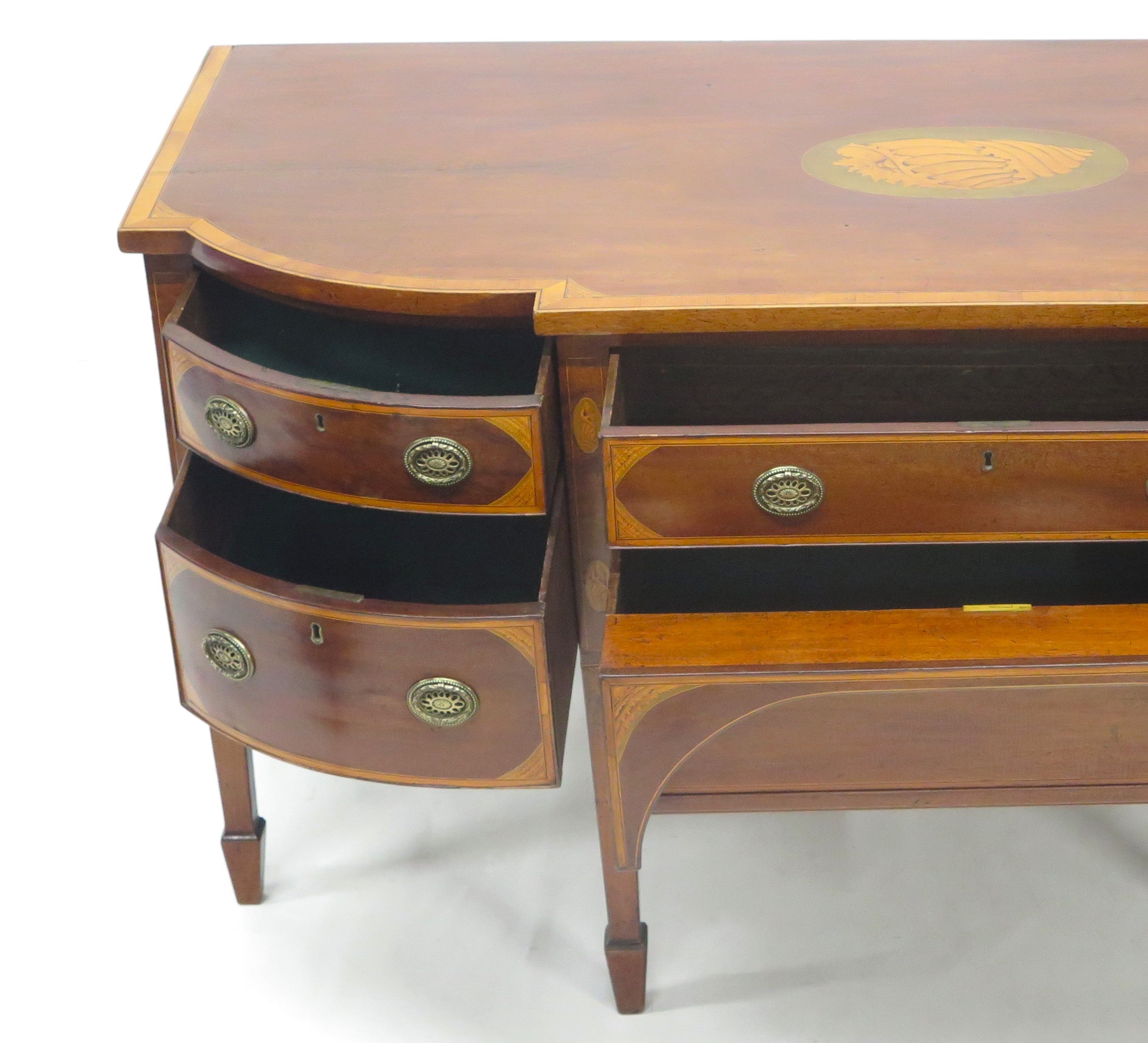 A Very Fine Mahogany, Satinwood and Harewood Stepped Bow Front Sideboard