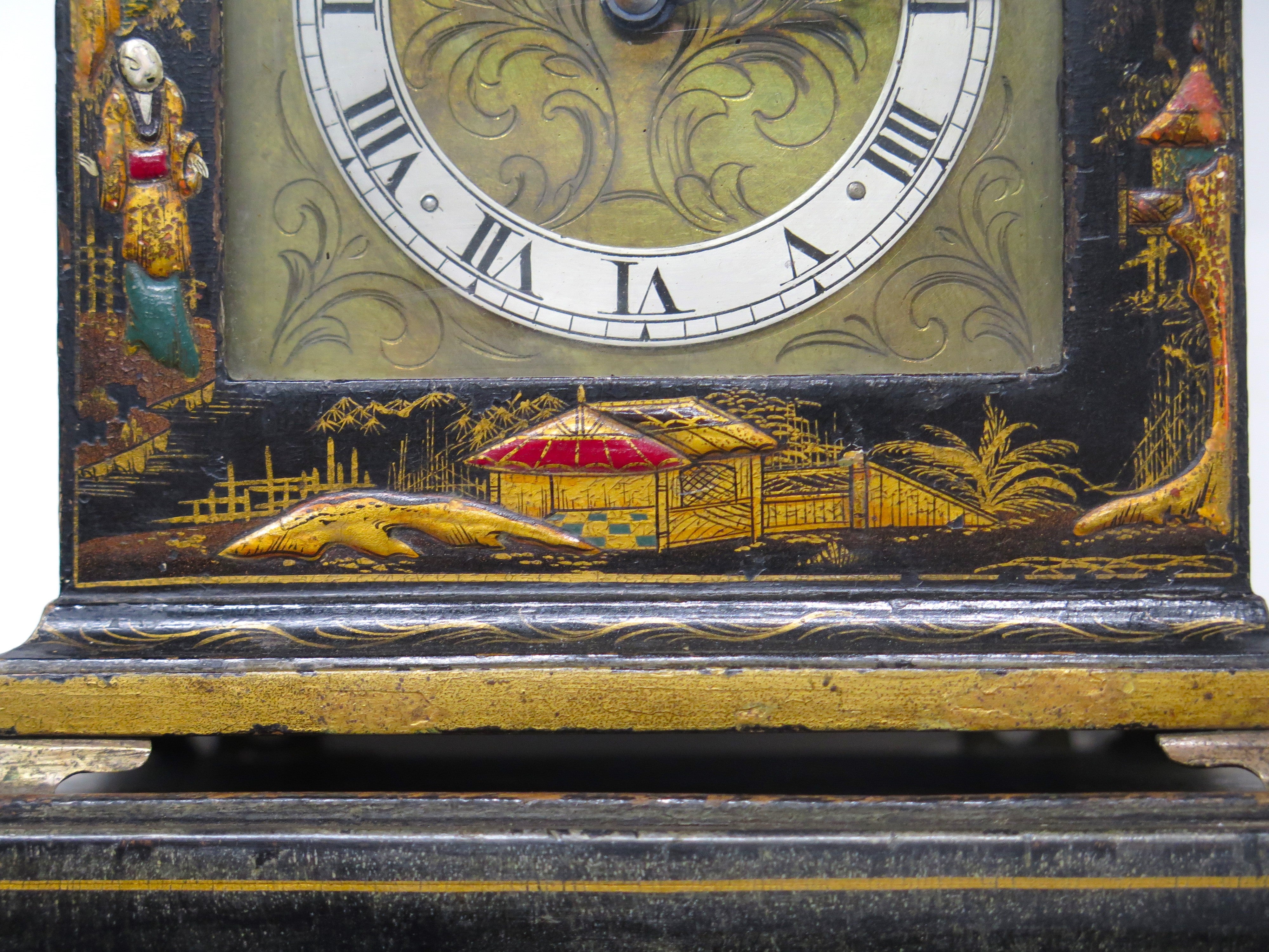 A Charming French Black Lacquer Chinoisorie Japanned Bracket Clock