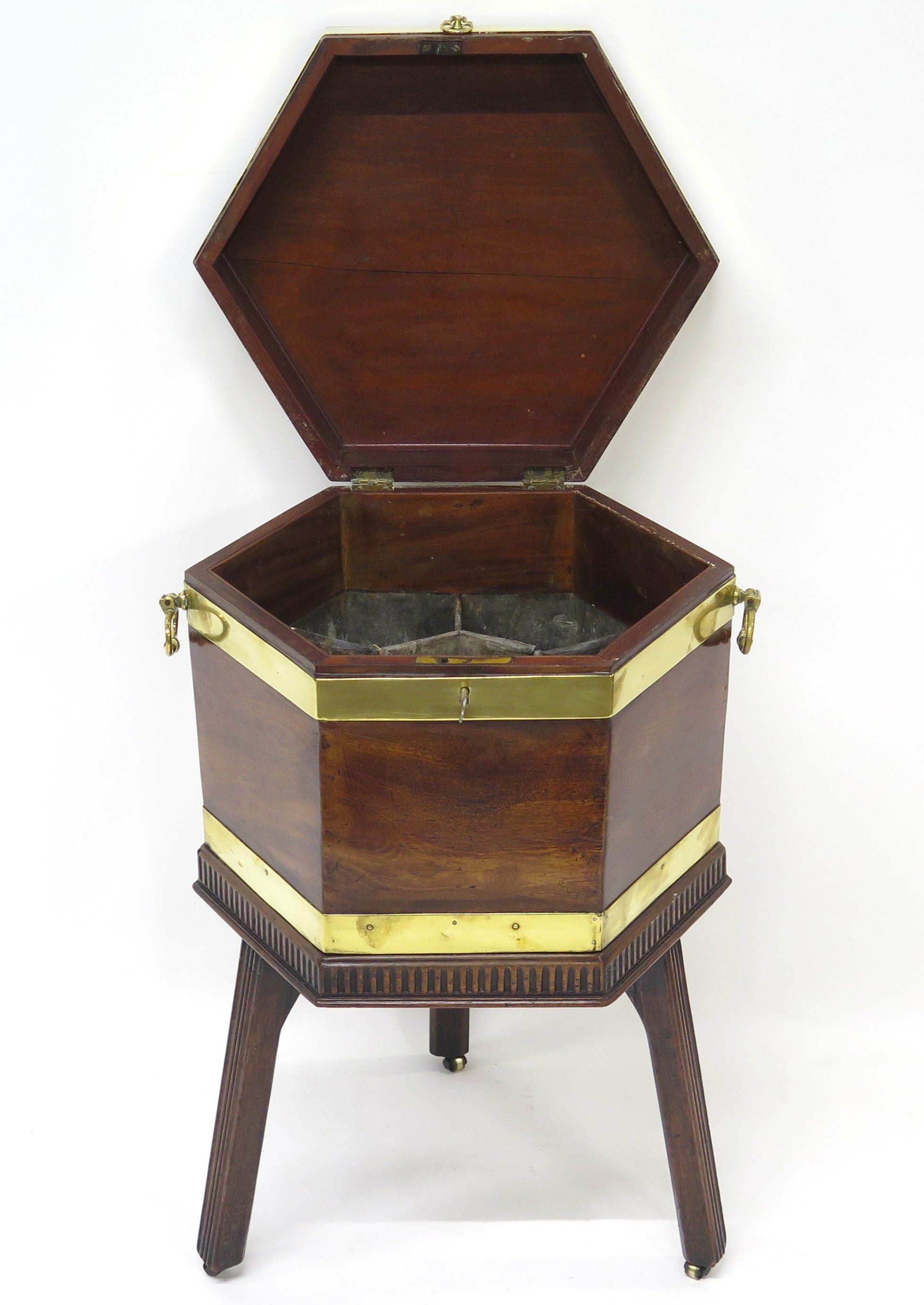 Georgian Mahogany Hexagonal Cellarette with Wide Brass Bands