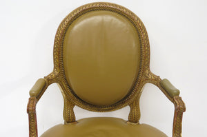 Louis XVI-Style Carved and Gilded Leather Fauteuil