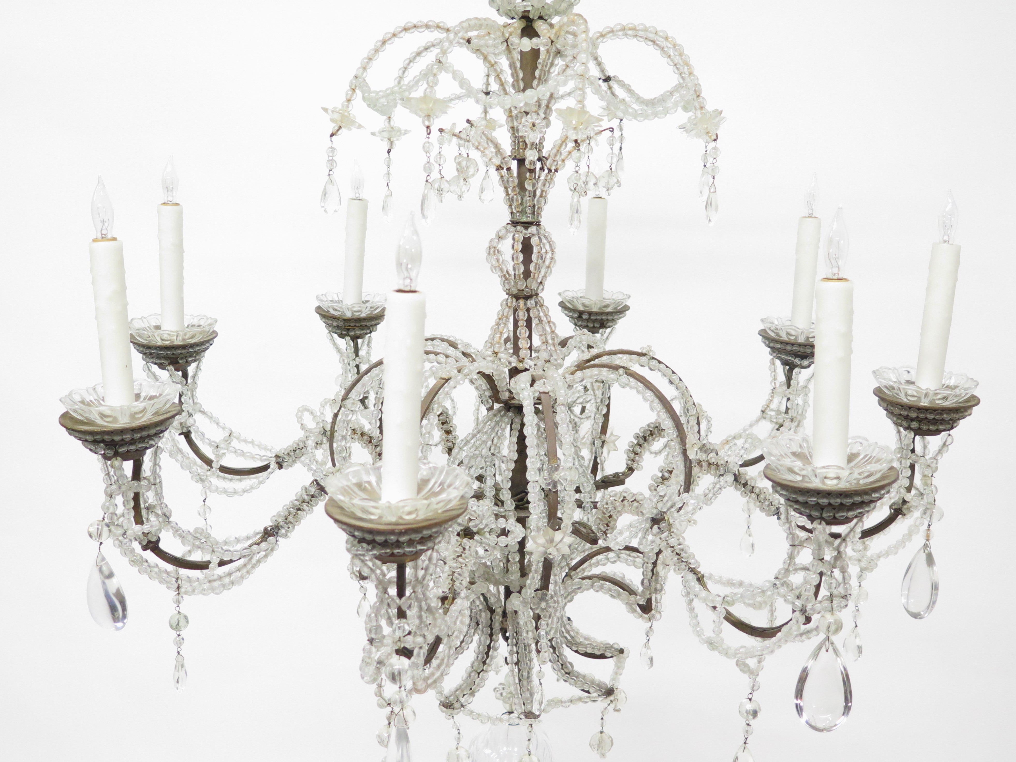 Italian Baroque Style Iron, Cut And Beaded Glass Eight Light Chandelier