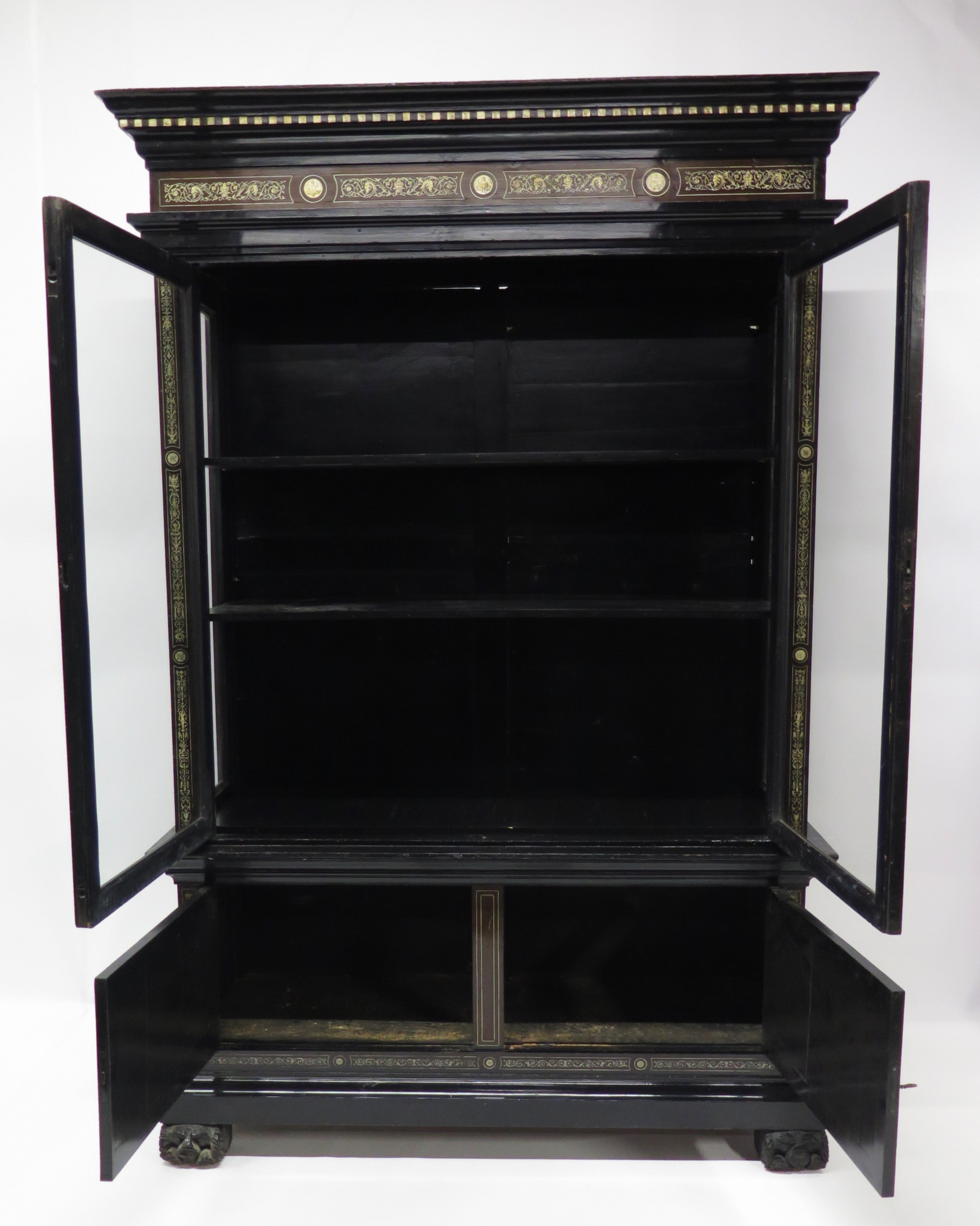 North Italian Ebonized Marquetry Inlaid Vitrine Cabinet Illuminated