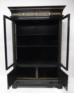 North Italian Ebonized Marquetry Inlaid Vitrine Cabinet Illuminated