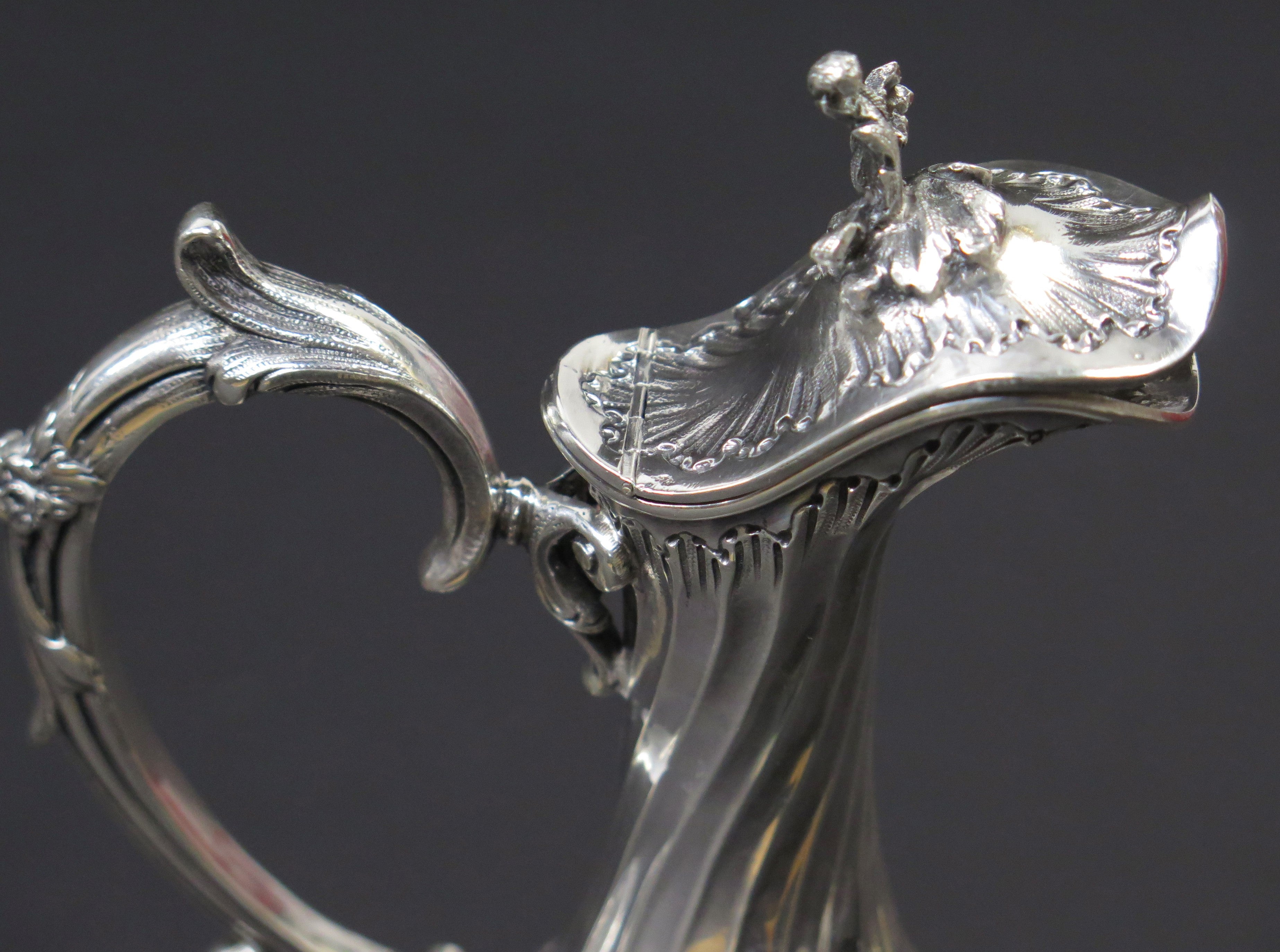 Antique French Sterling Silver Cut Crystal Claret Jug, Ewer