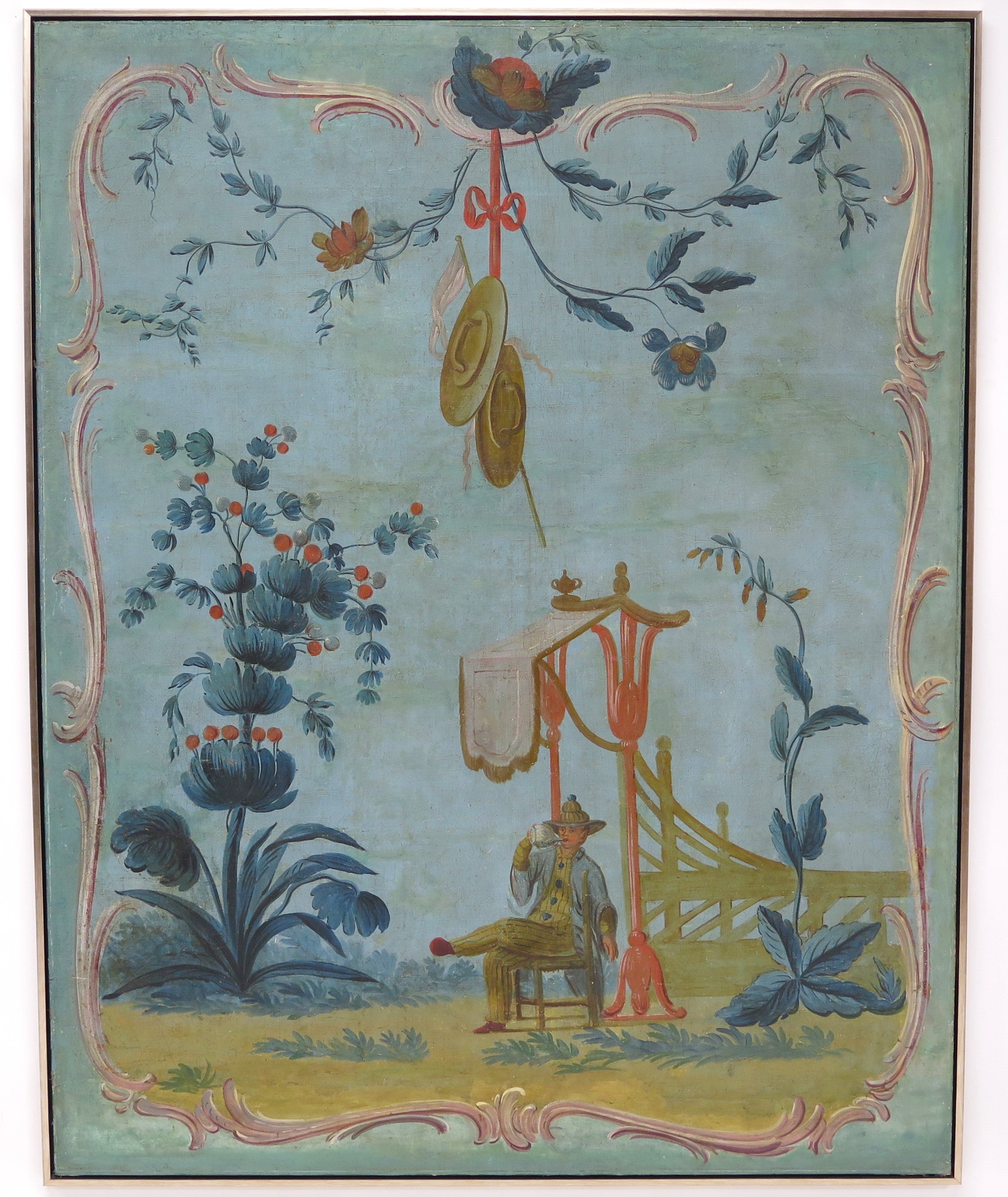 Louis XV-Period Painted Canvas Chinoiserie Panel Framed