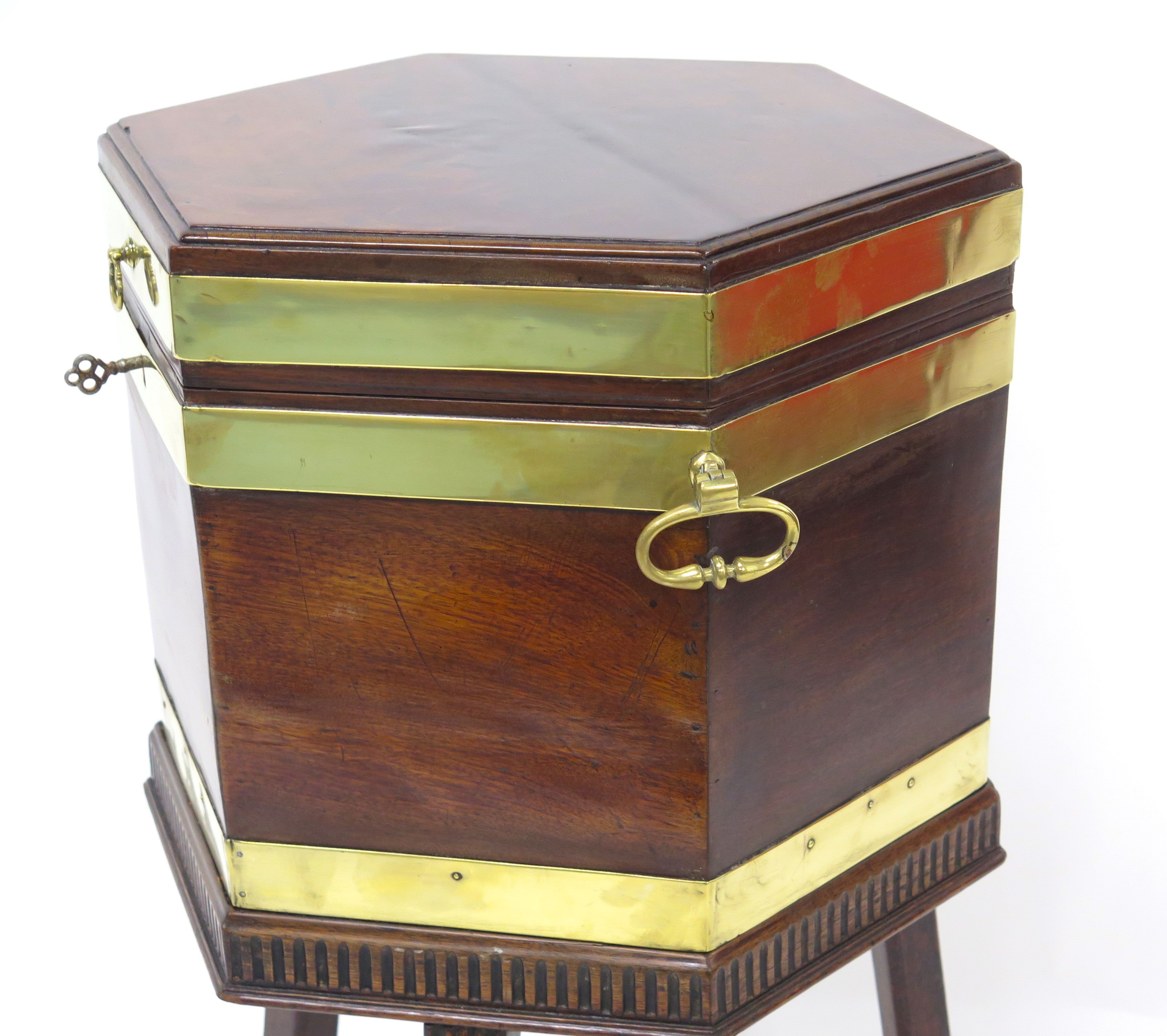 Georgian Mahogany Hexagonal Cellarette with Wide Brass Bands