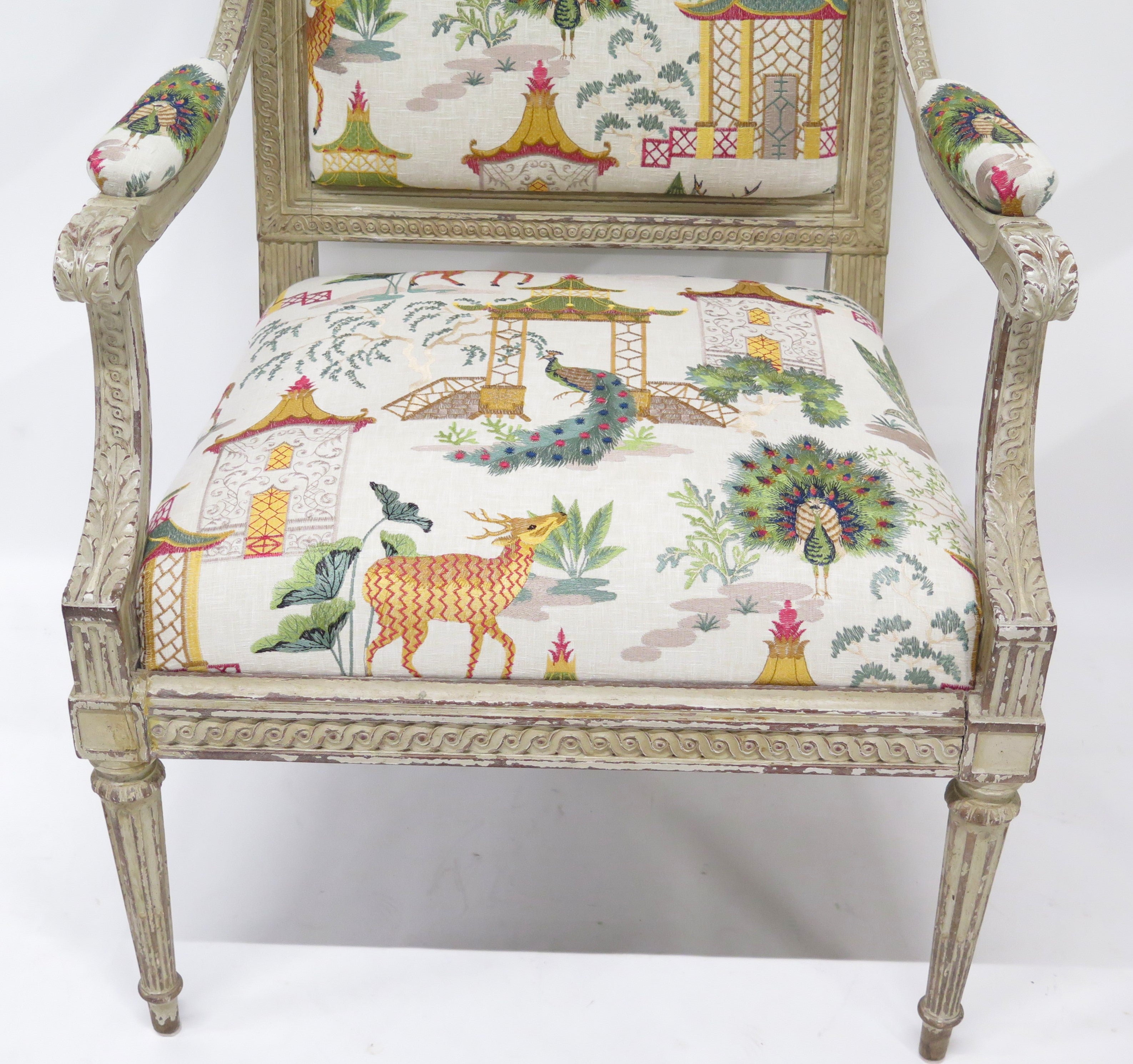 A Pair of Louis XVI Style Cream Colored Nicely Carved Fauteuils