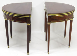 A Beatiful "Near" Pair of Louis XVI Style Mahogany and Brass Mounted Demilune Games Tables