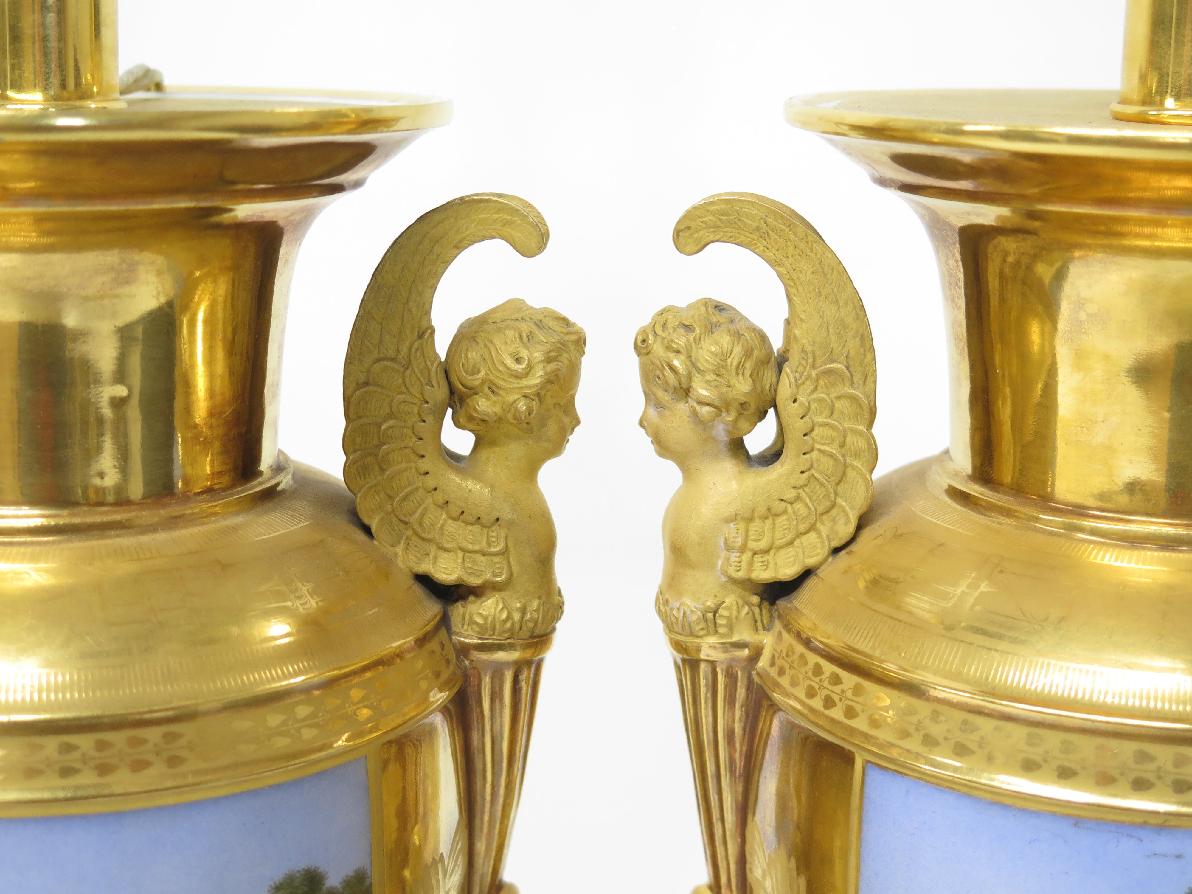 Pair of Gilt Bronze and "Old Paris" Porcelain Neoclassical Table Lamps