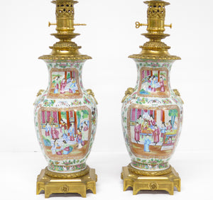 Pair of Chinese Rose Medallion Oil Lamps (Electrified)