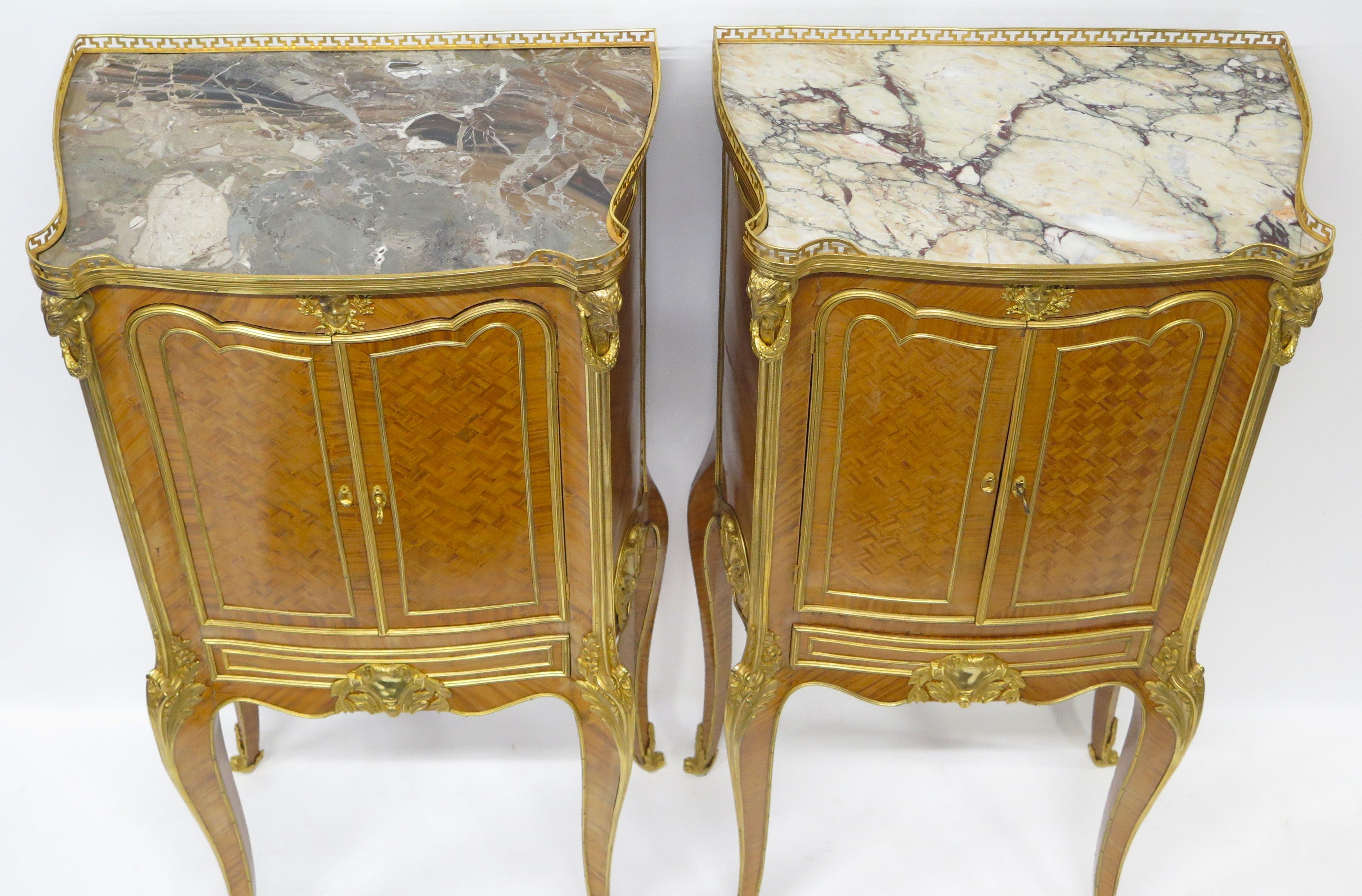 A Matched Pair of Louis XV / Transitional Ormolu-Mounted Parquetry Cabinets