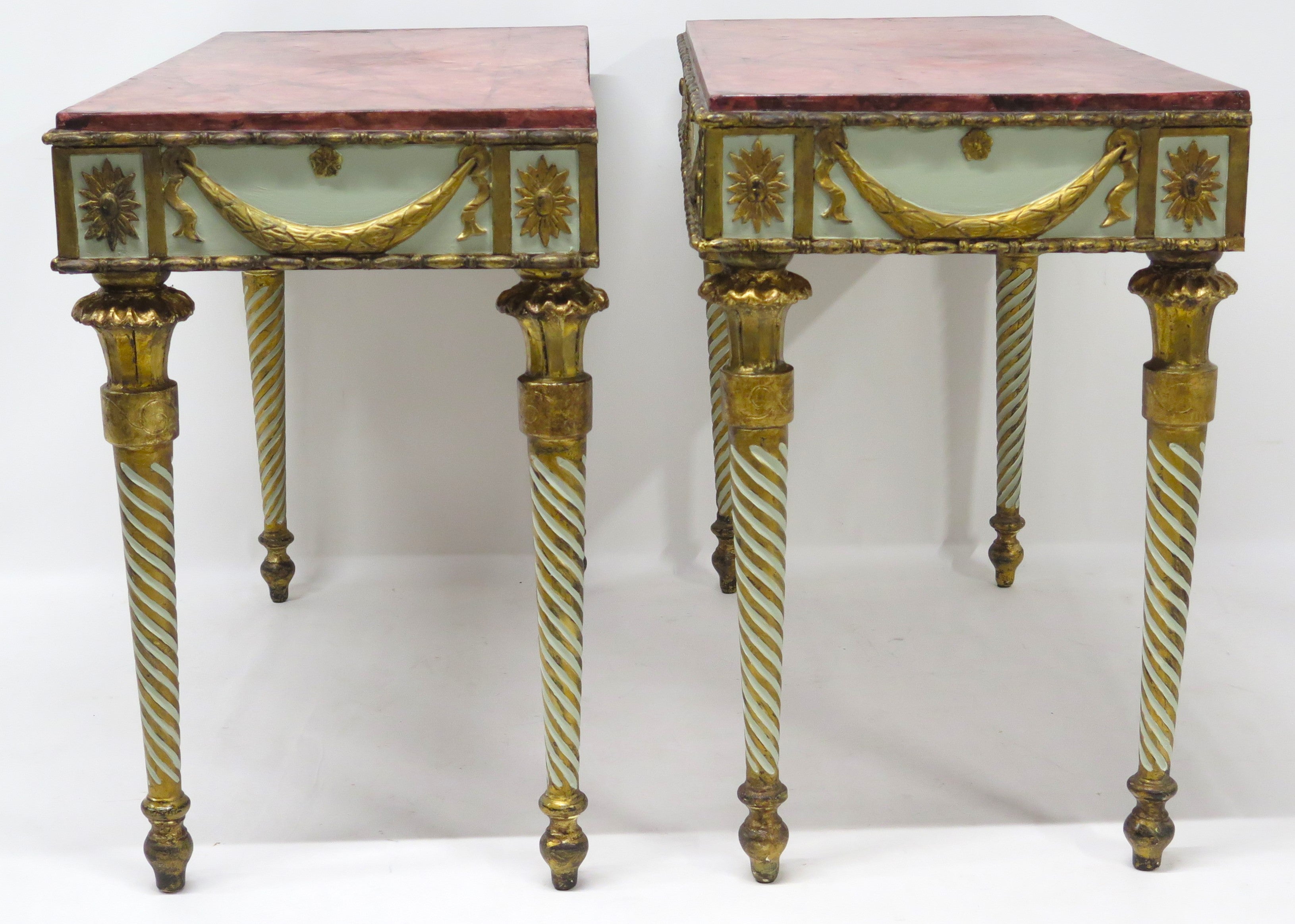 Neoclassic Style Painted Console Tables with Faux Marble Tops
